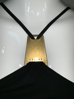 2000's Celine by Michael Kors Gold Metal Plate Long Halter Black Gown Dress