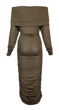 2000's Celine Michael Kors Gold Studded Brown Off Shoulder Ruched Wiggle Dress