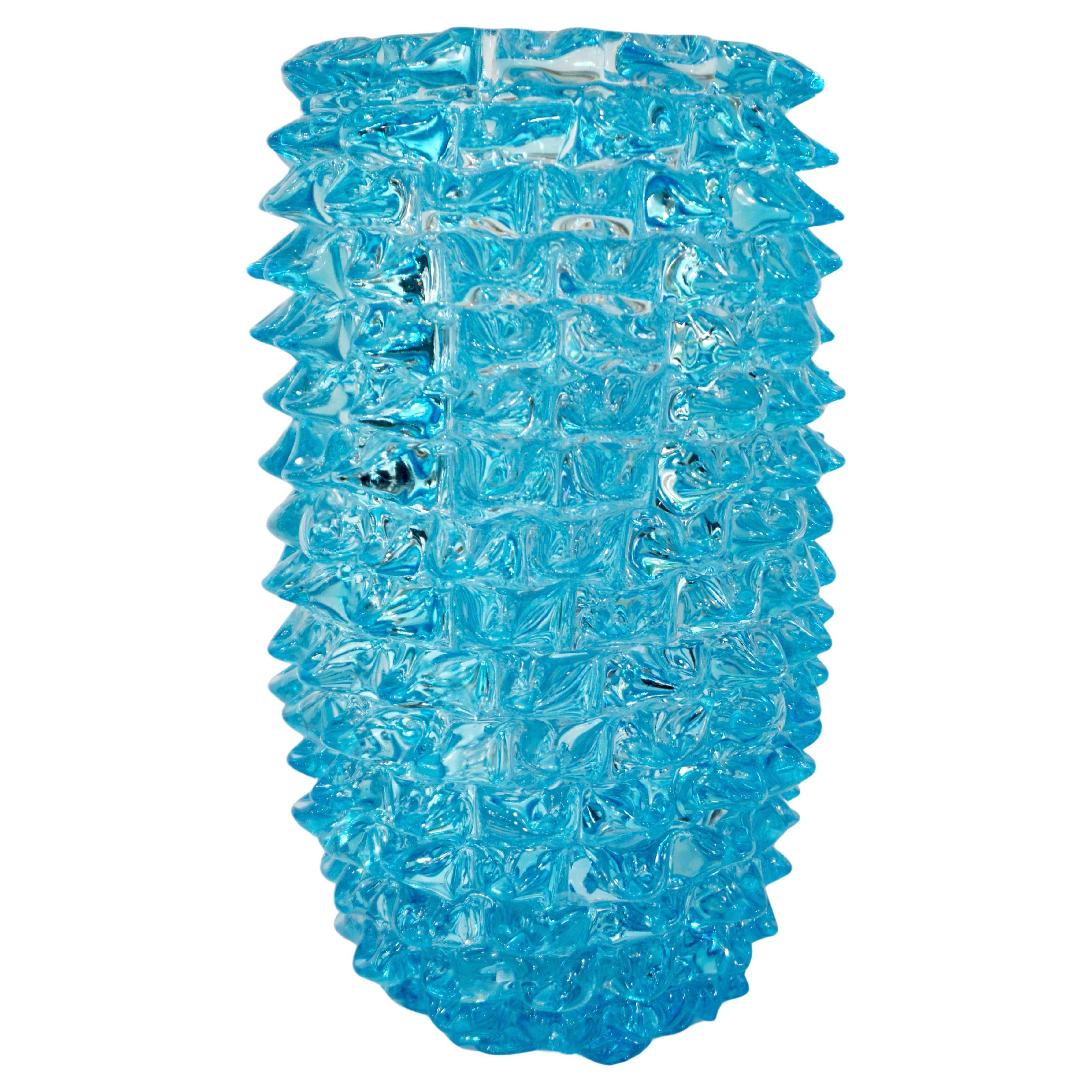 2000s Cenedese Italian Aquamarine Blue Rostrato Murano Glass Ovoid Vase