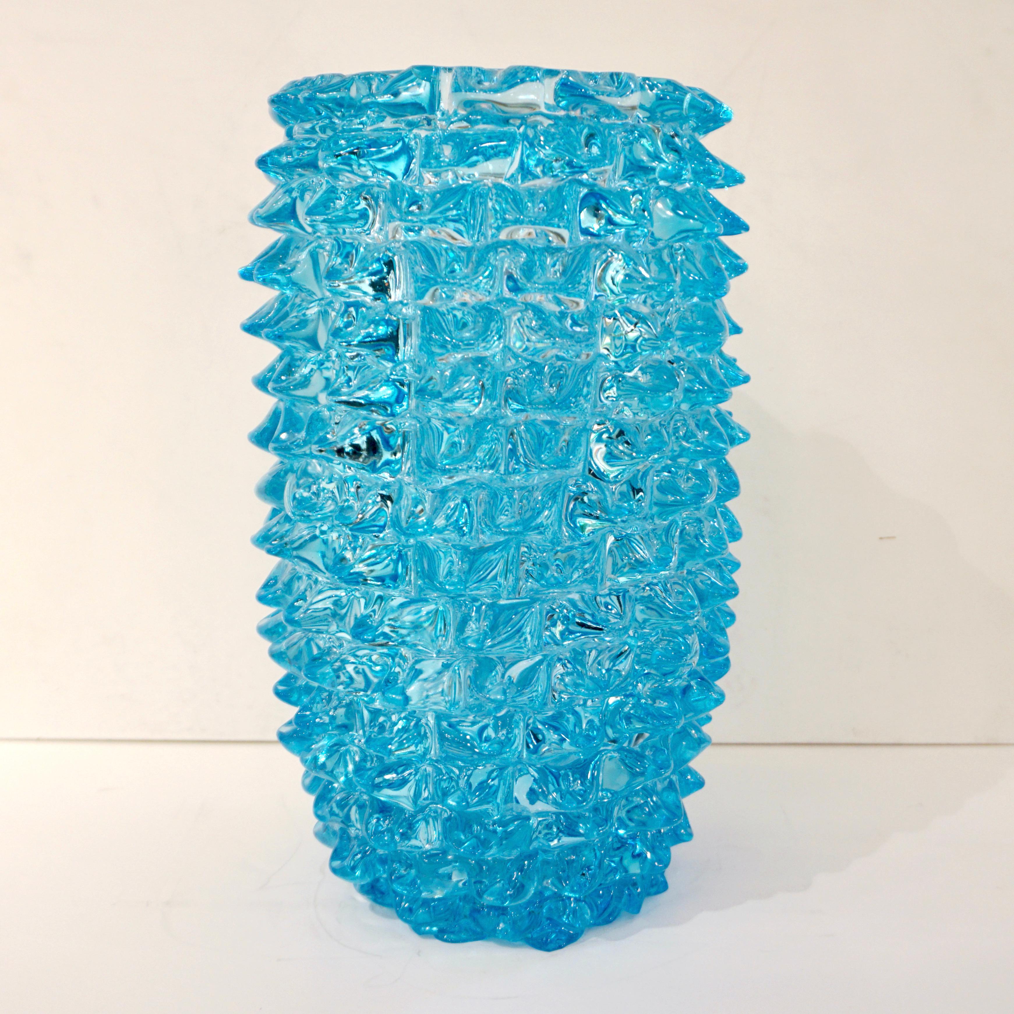 2000s Cenedese Italian Pair of Aquamarine Blue Rostrato Murano Glass Ovoid Vases For Sale 4