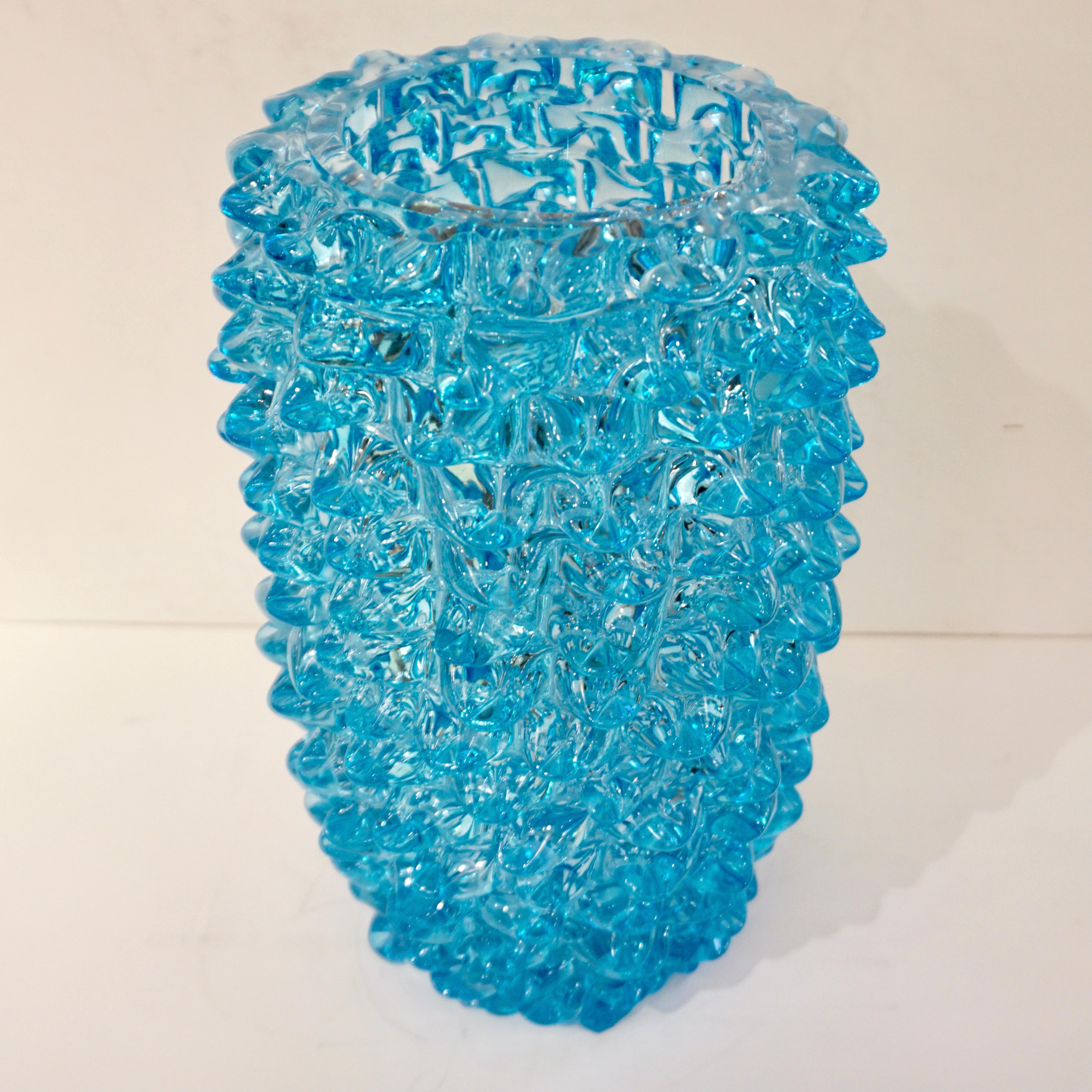 Post-Modern 2000s Cenedese Italian Pair of Aquamarine Blue Rostrato Murano Glass Ovoid Vases For Sale