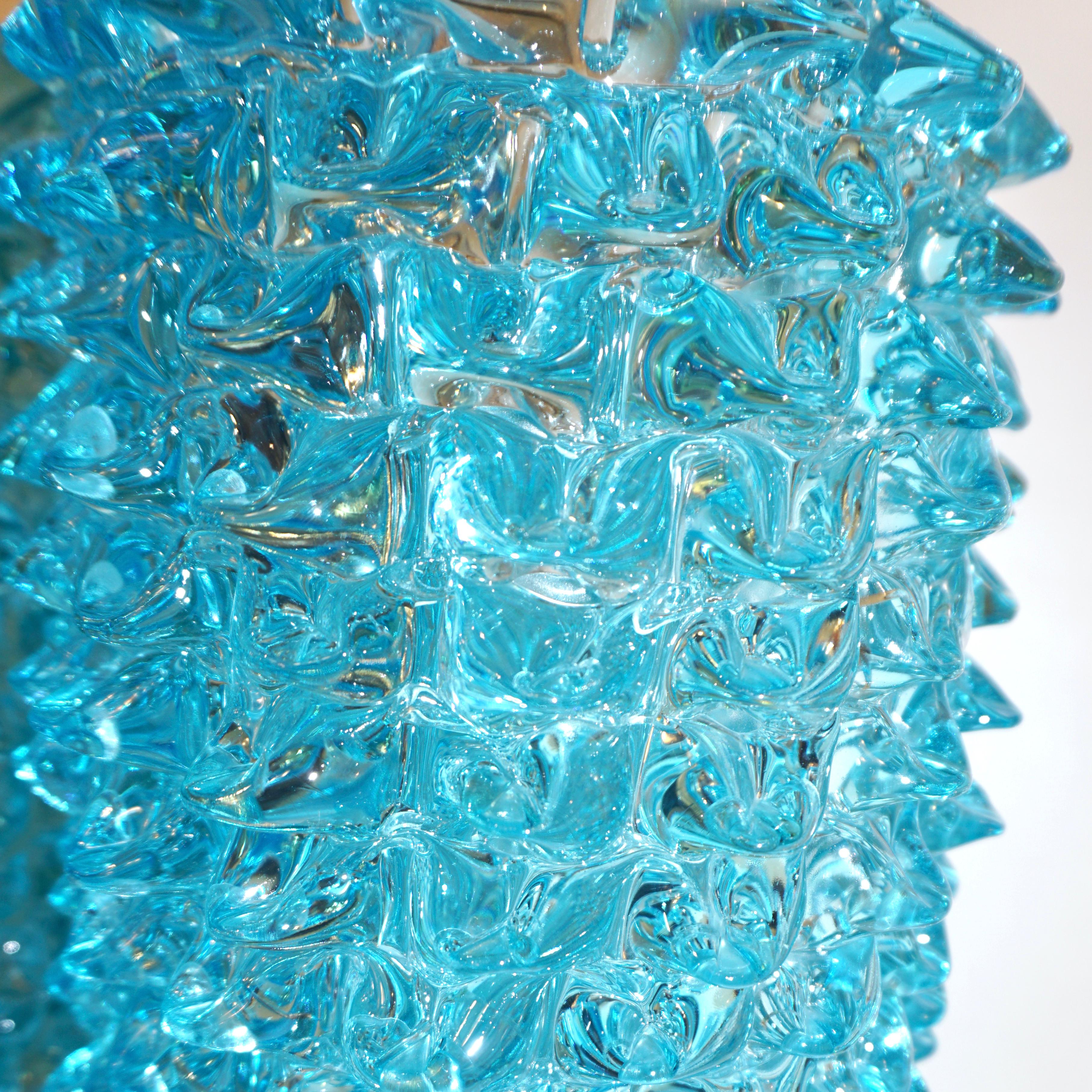 Contemporary 2000s Cenedese Italian Pair of Aquamarine Blue Rostrato Murano Glass Ovoid Vases For Sale