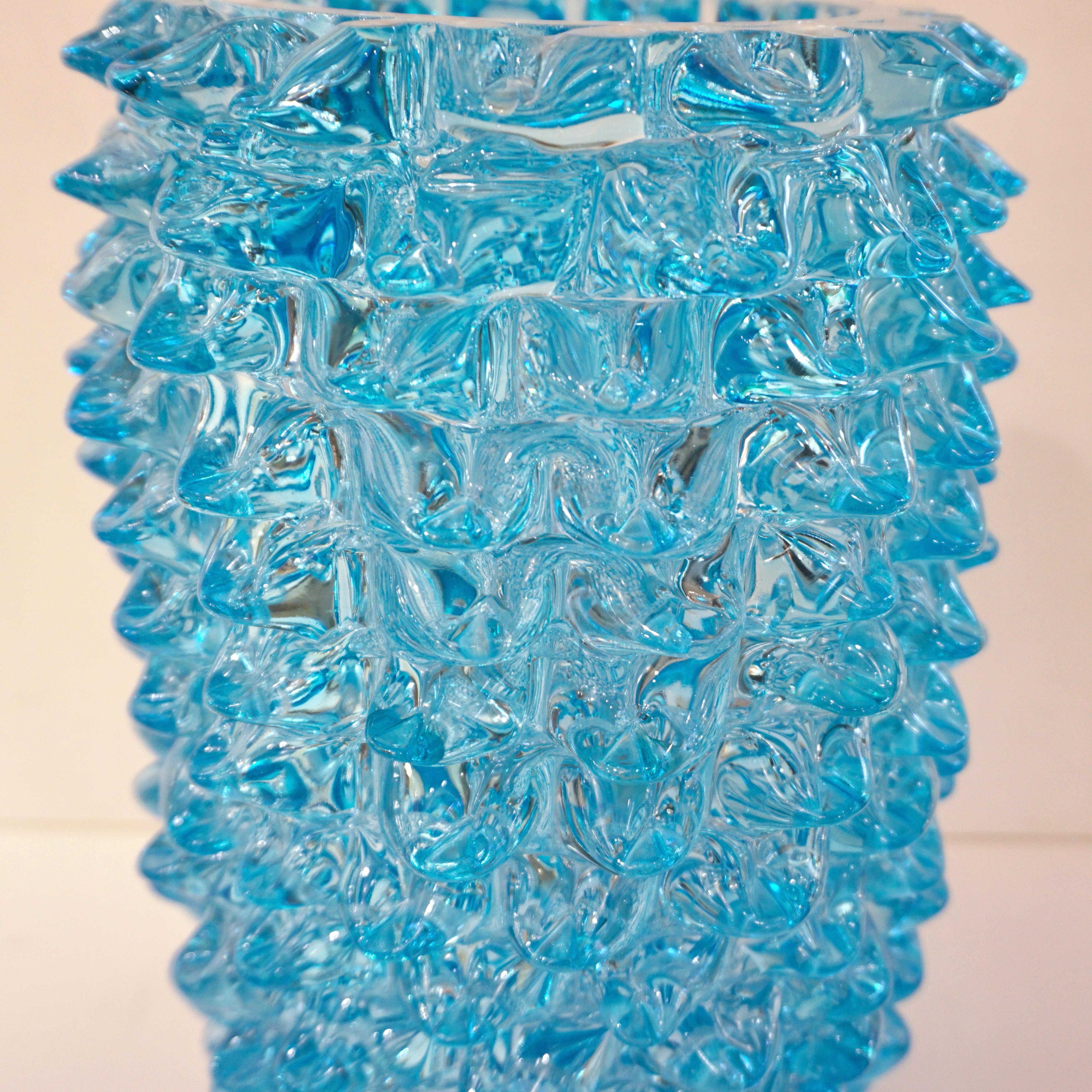 2000s Cenedese Italian Pair of Aquamarine Blue Rostrato Murano Glass Ovoid Vases For Sale 1