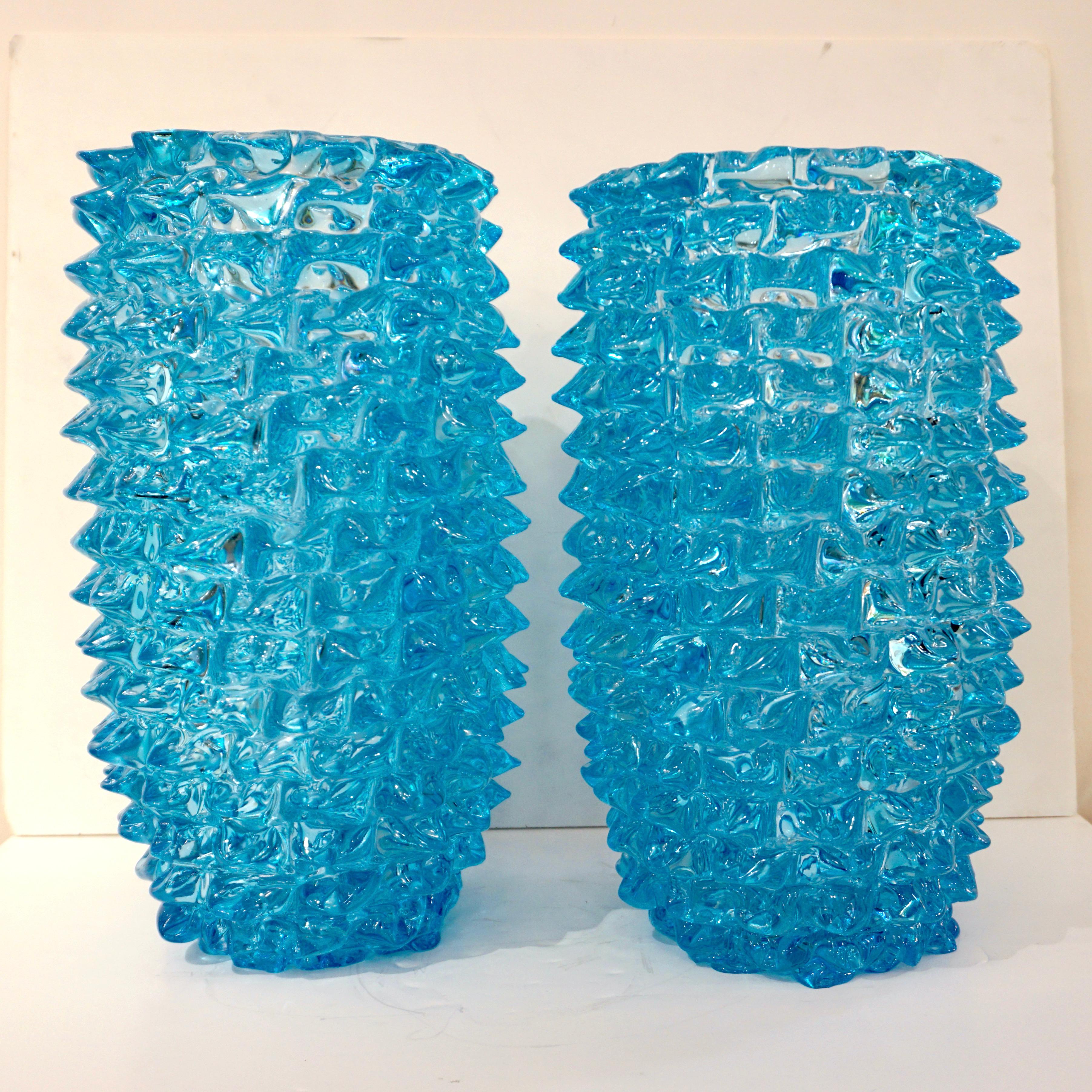 2000s Cenedese Italian Pair of Aquamarine Blue Rostrato Murano Glass Ovoid Vases For Sale 3
