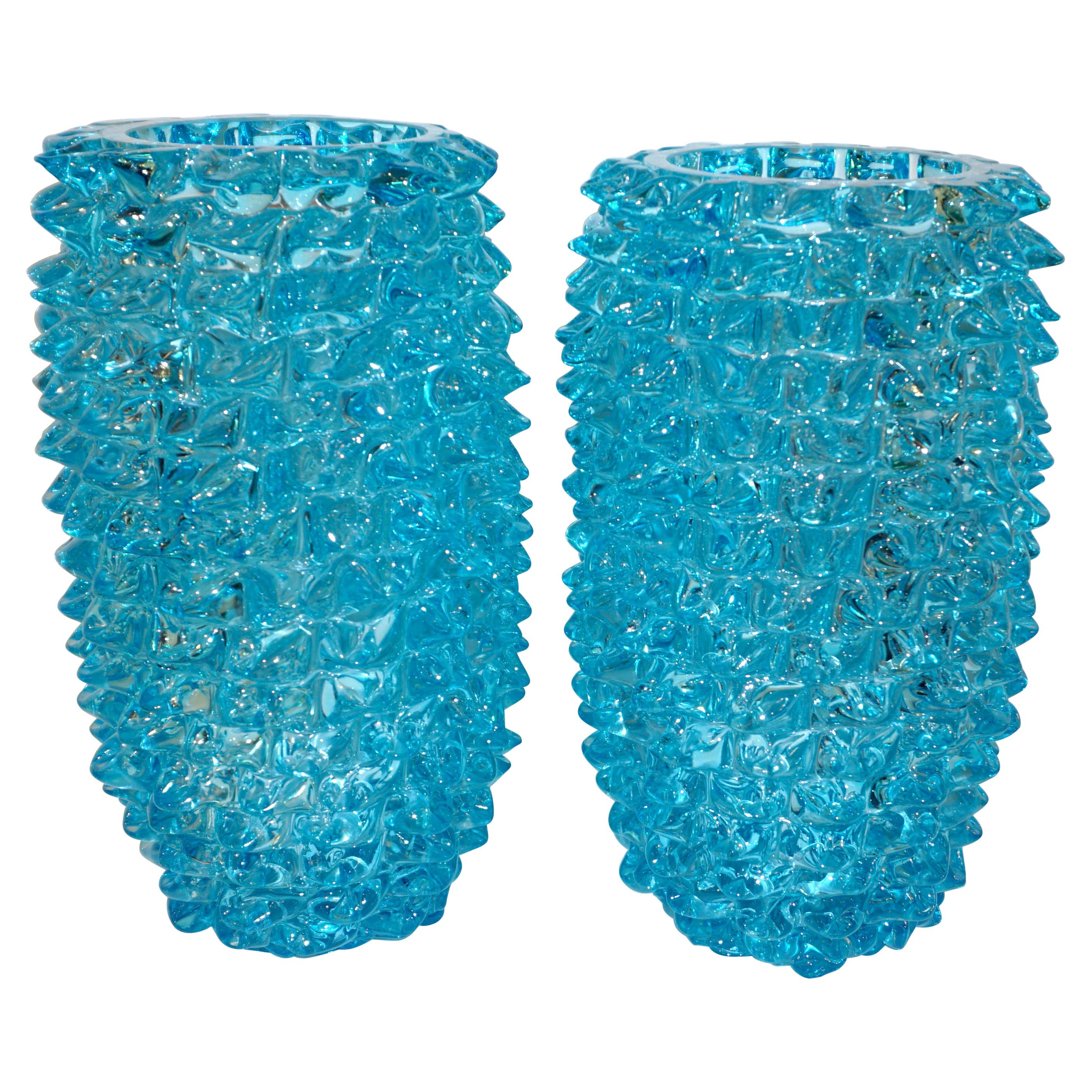 2000s Cenedese Italian Pair of Aquamarine Blue Rostrato Murano Glass Ovoid Vases
