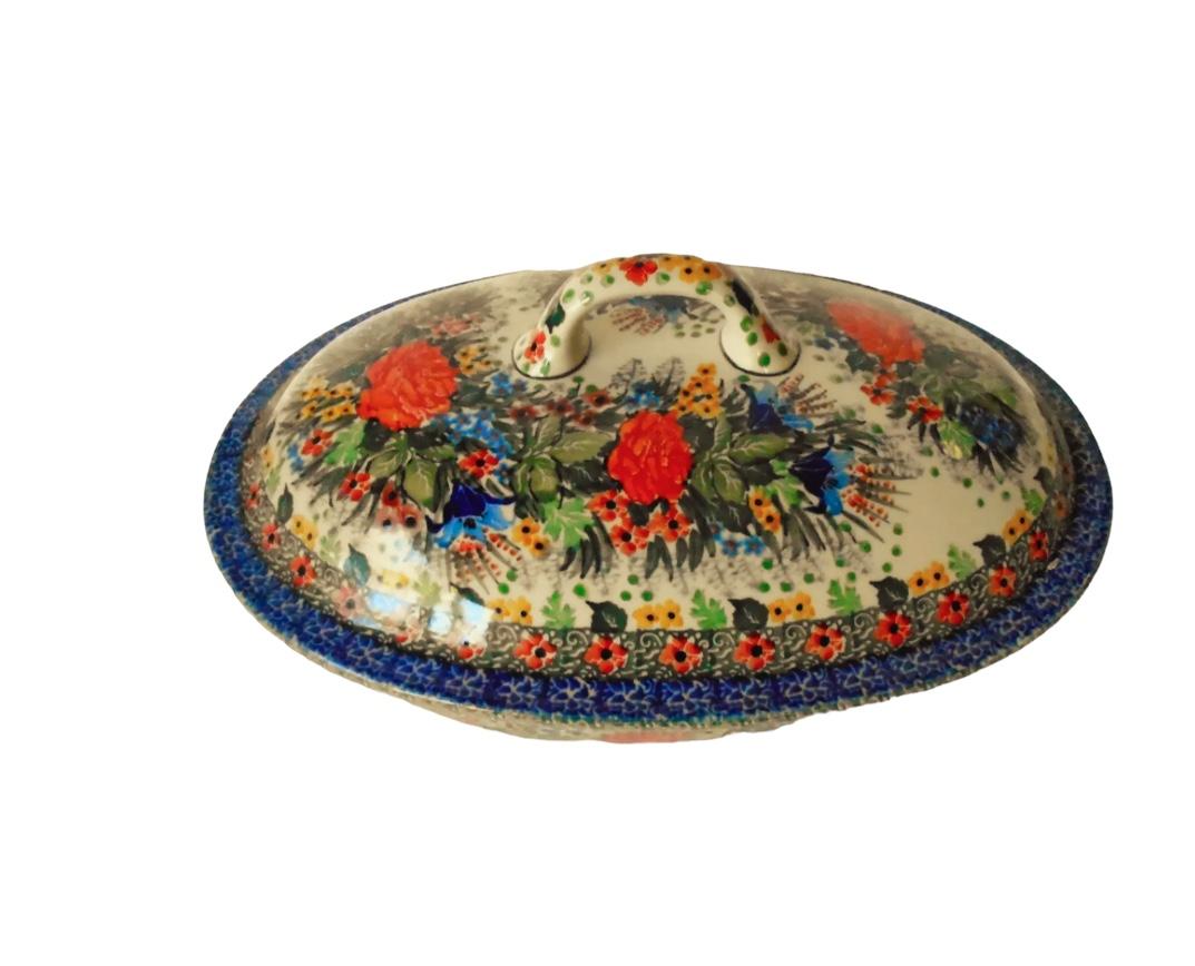Excellent condition! handmade in Poland;“Enchanted Haven” pattern, a multicolored traditional folk design; a useful addition to your kitchen decor or stunning along with any disposal piece.