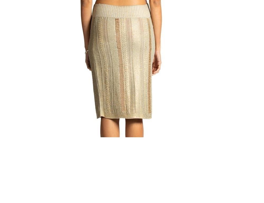 2000S Chanel Beige Metallic Rayon Blend Knit Skirt With Gold Chains In Excellent Condition In New York, NY