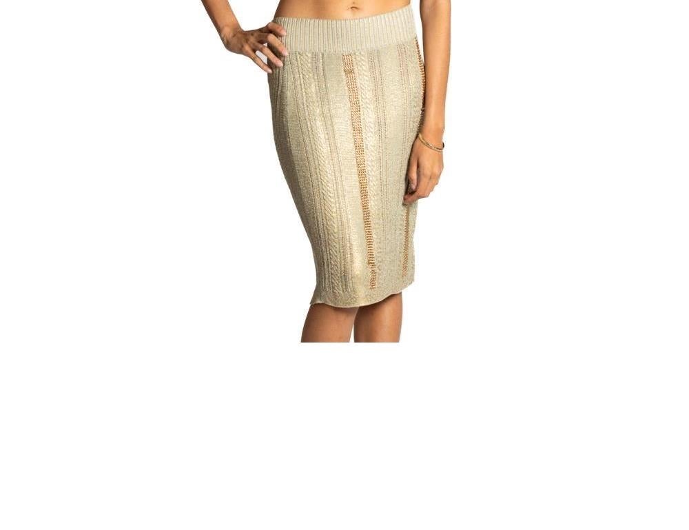 2000S Chanel Beige Metallic Rayon Blend Knit Skirt With Gold Chains 2