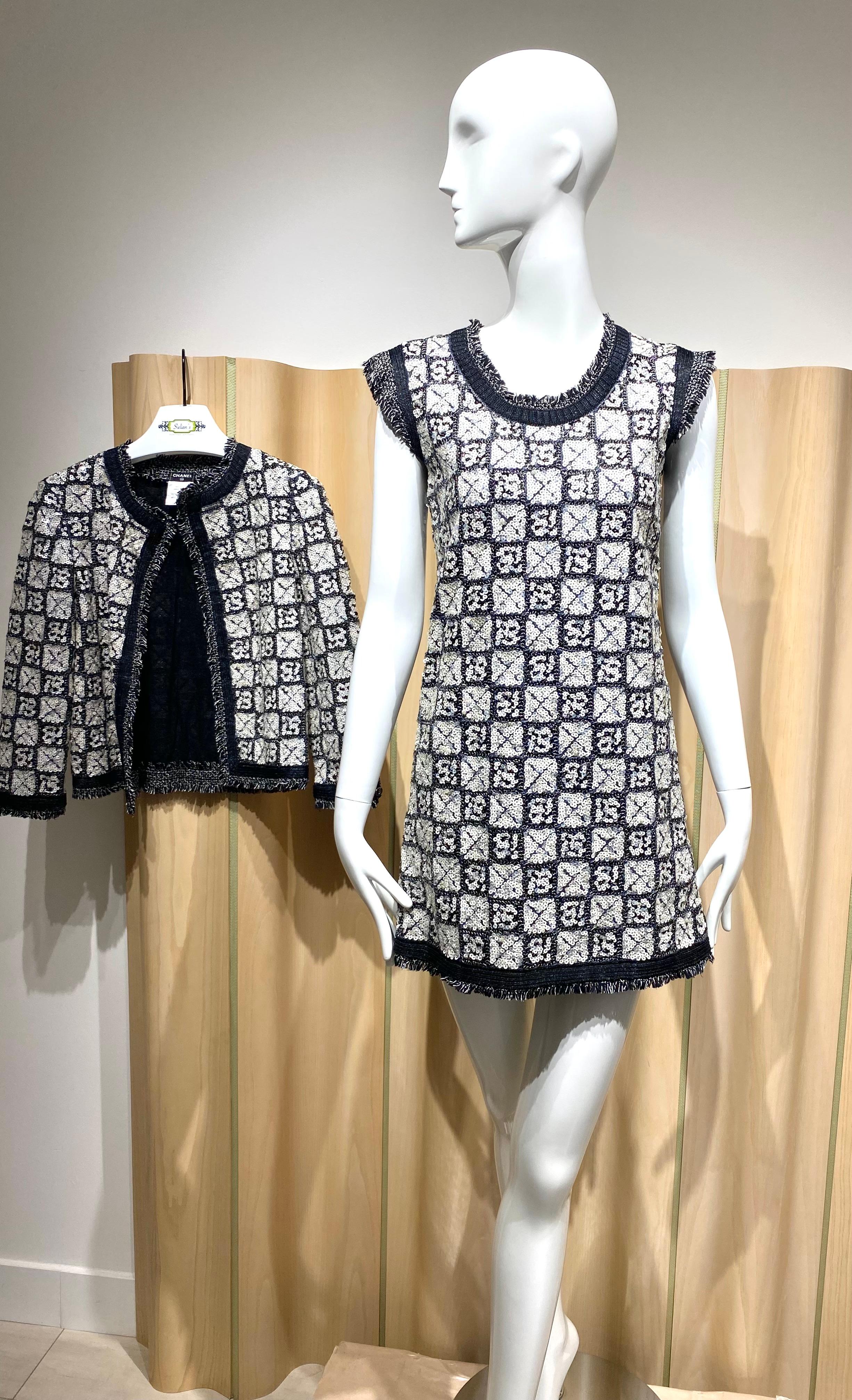 Gray 2000s Chanel Black and White Sequin Mini Dress with Cardigan For Sale