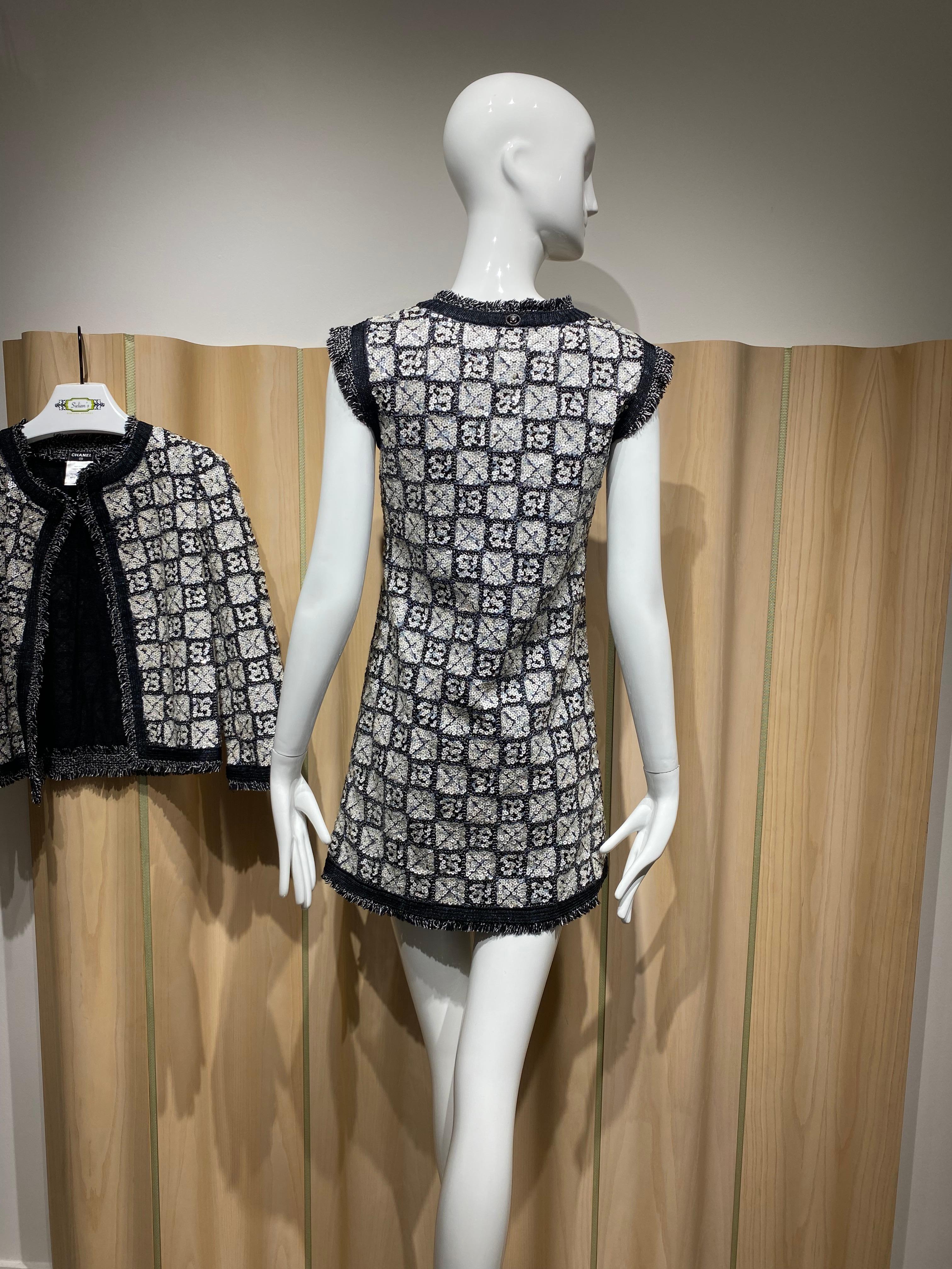 Women's 2000s Chanel Black and White Sequin Mini Dress with Cardigan For Sale
