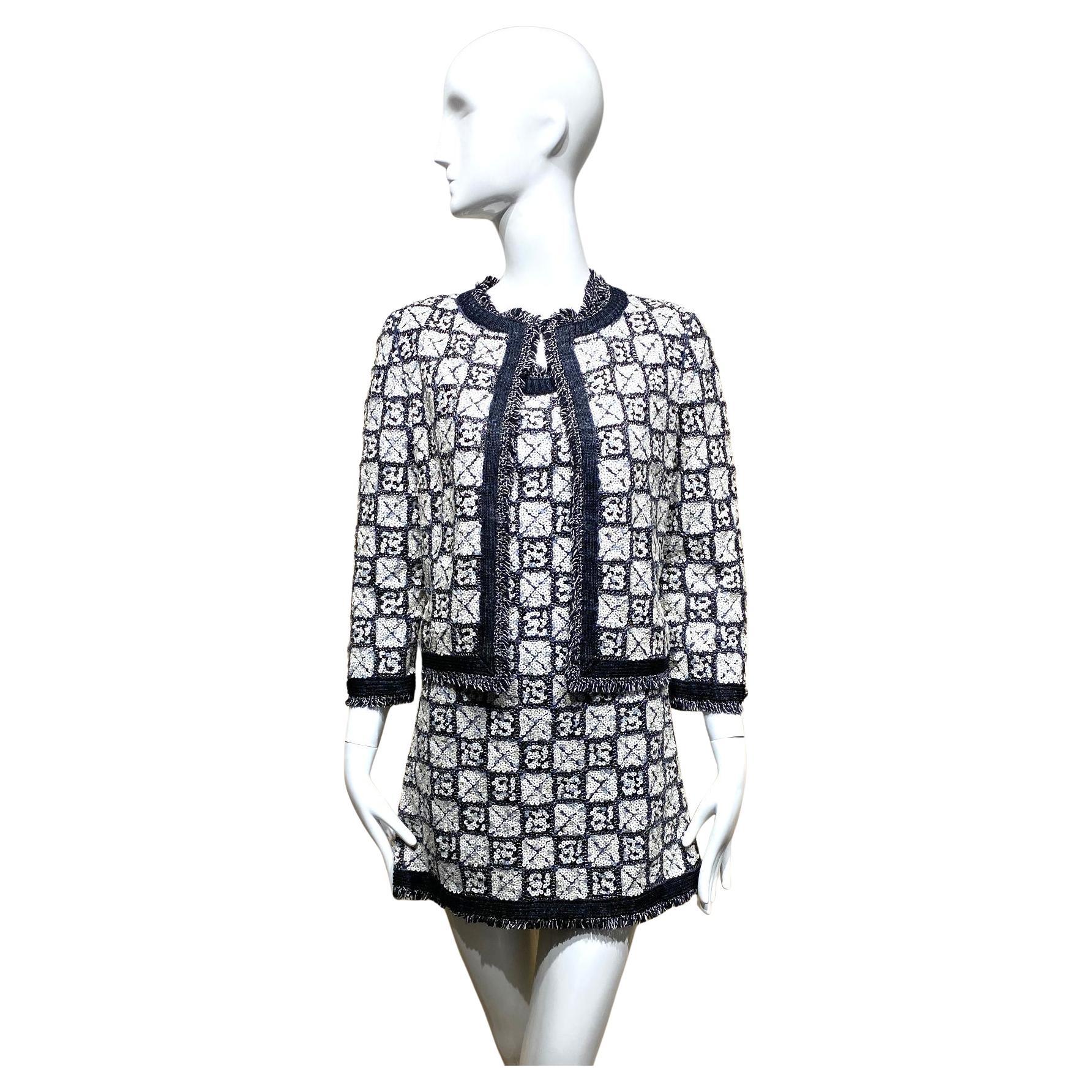 2000s Chanel Black and White Sequin Mini Dress with Cardigan For Sale