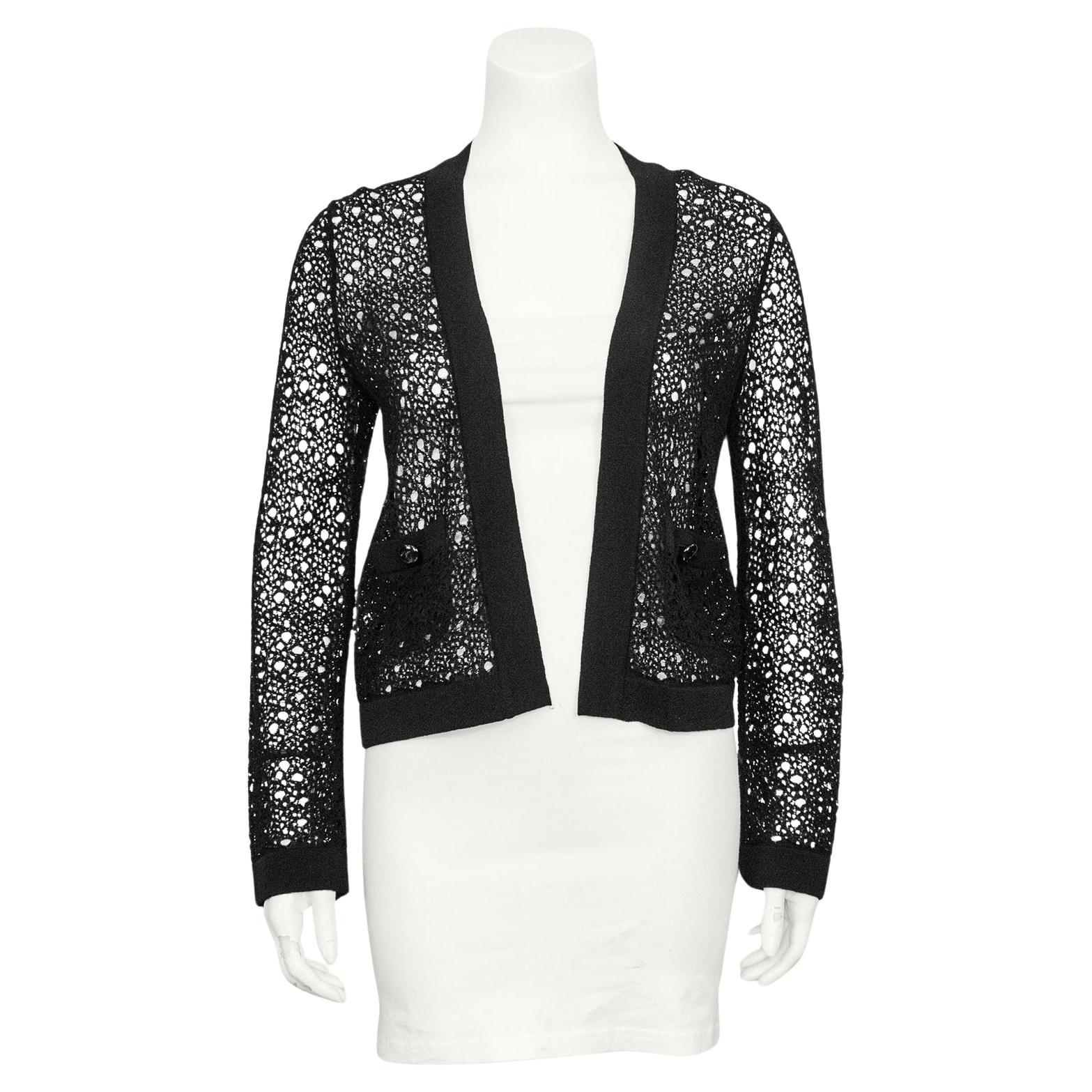 2000s Chanel Black Crochet Open Cardigan For Sale