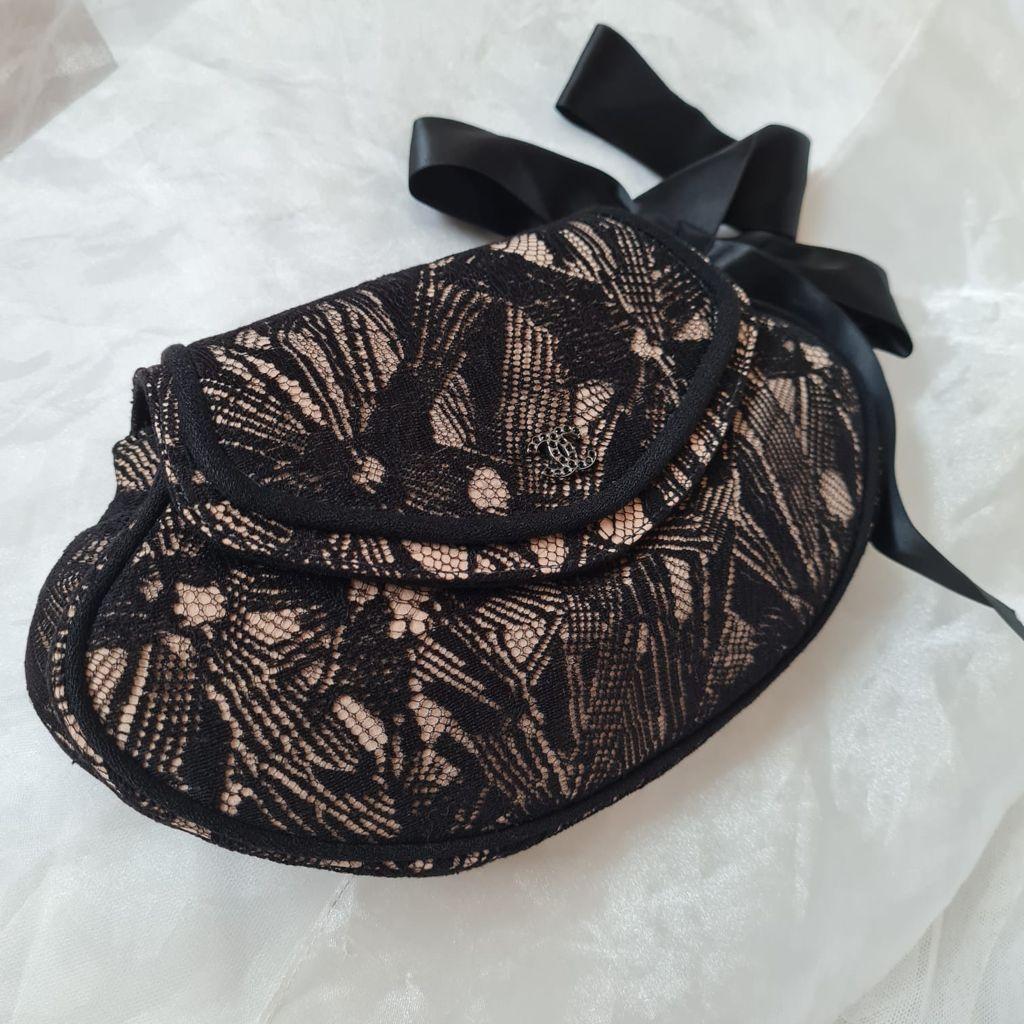 2000s Chanel Black Lace Clutch with Silk Ribbon 5
