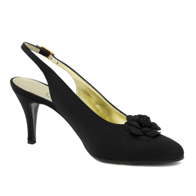 2000's Chanel Black Satin Sling Back Shoes With Gardenia at 1stDibs
