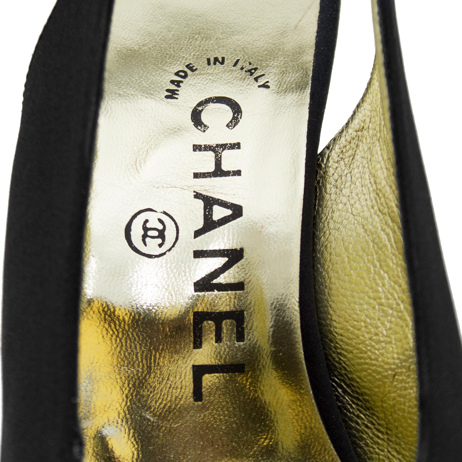 2000's Chanel Black Satin Sling Back Shoes With Gardenia 2
