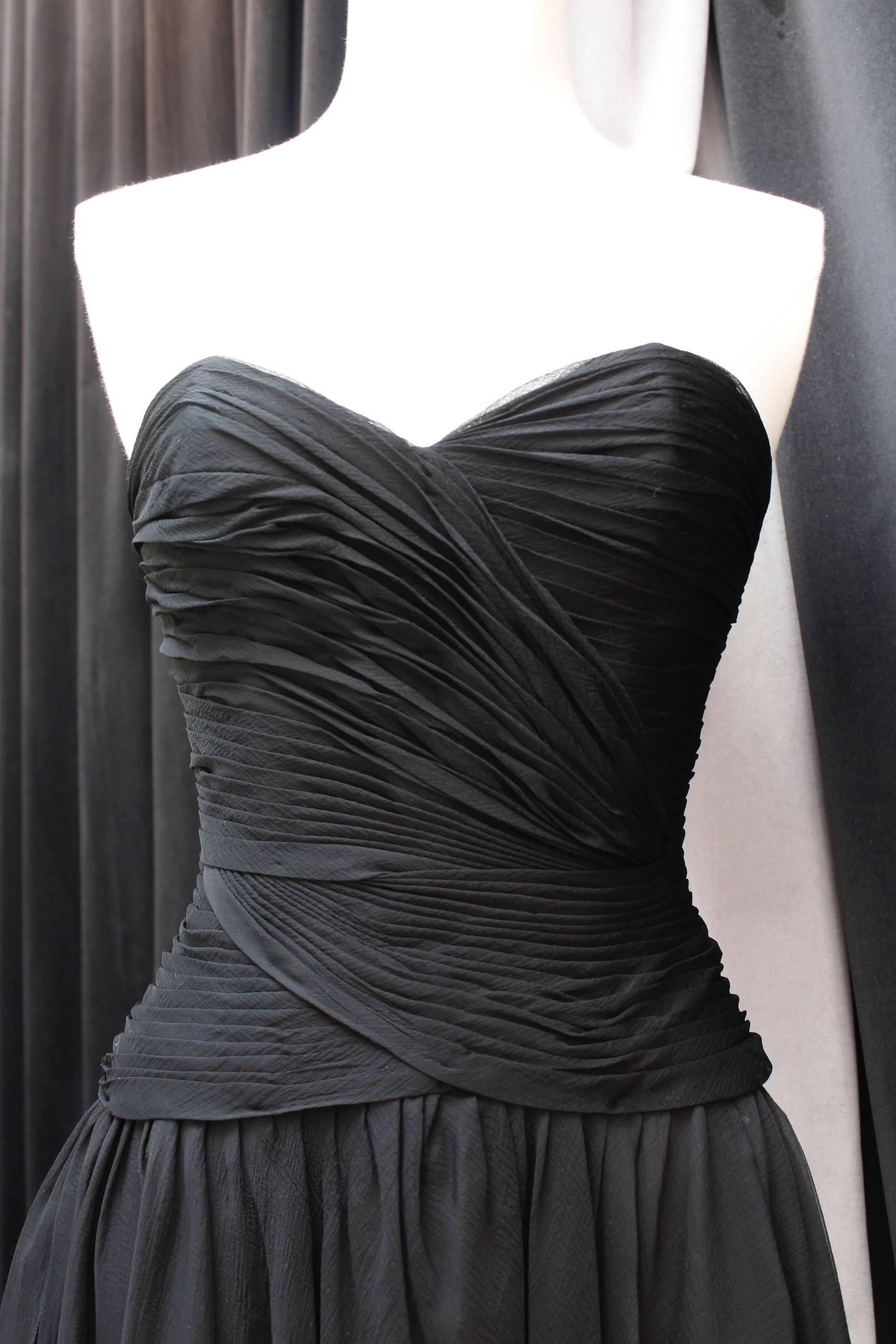 2000s Chanel black silk chiffon asymmetrical evening dress 1