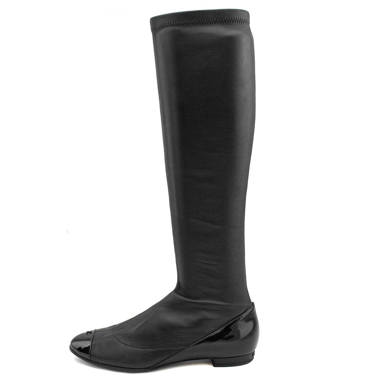 2000's Chanel Black Stretch Leather Boots with Patent Details  In Good Condition In Toronto, Ontario