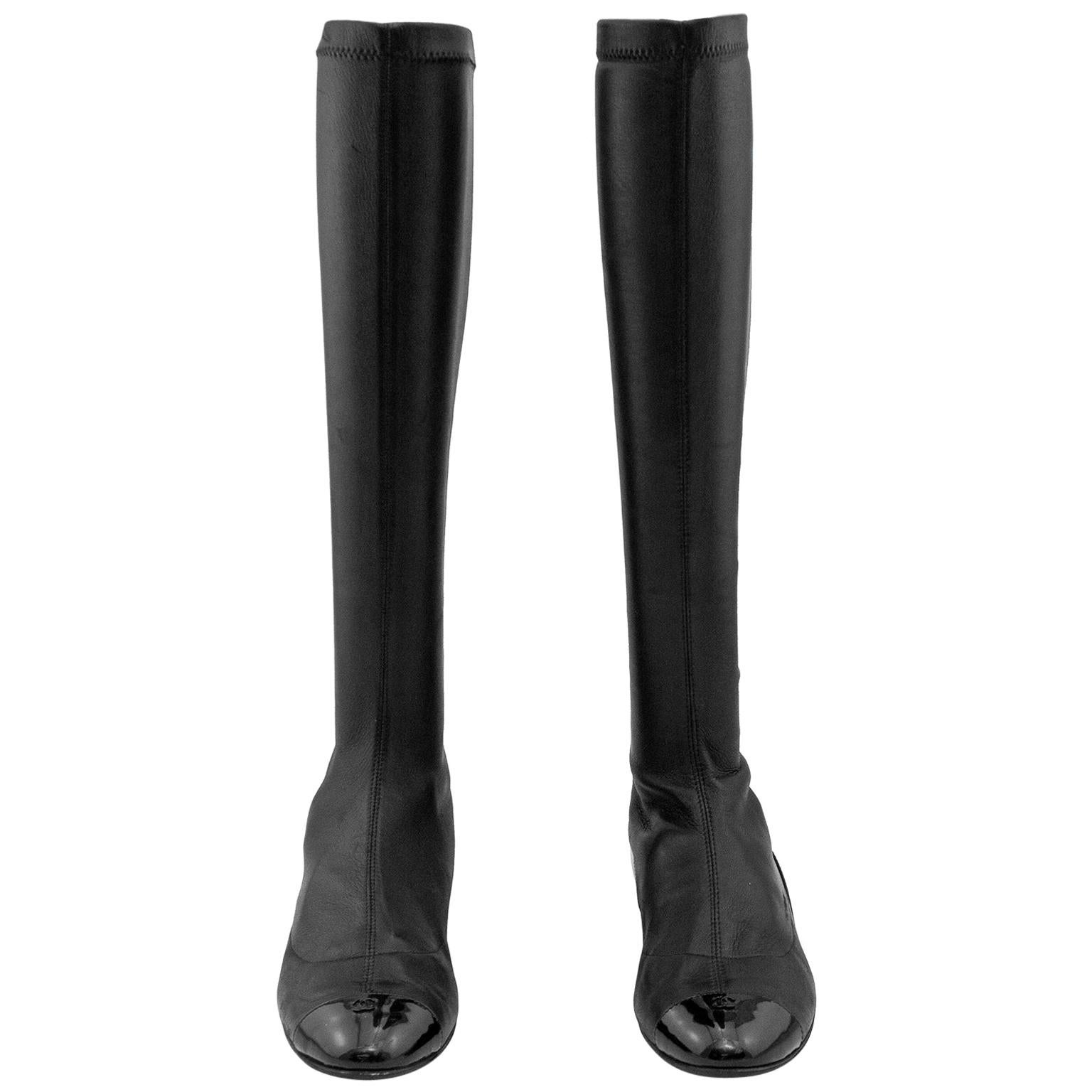 2000's Chanel Black Stretch Leather Boots with Patent Details 