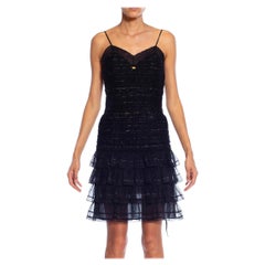 2000S CHANEL Black Wool Blend Ruffled Slip Dress
