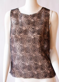 2000s Chanel Camellia Chantilly Lace Top with Ruffle Cravat