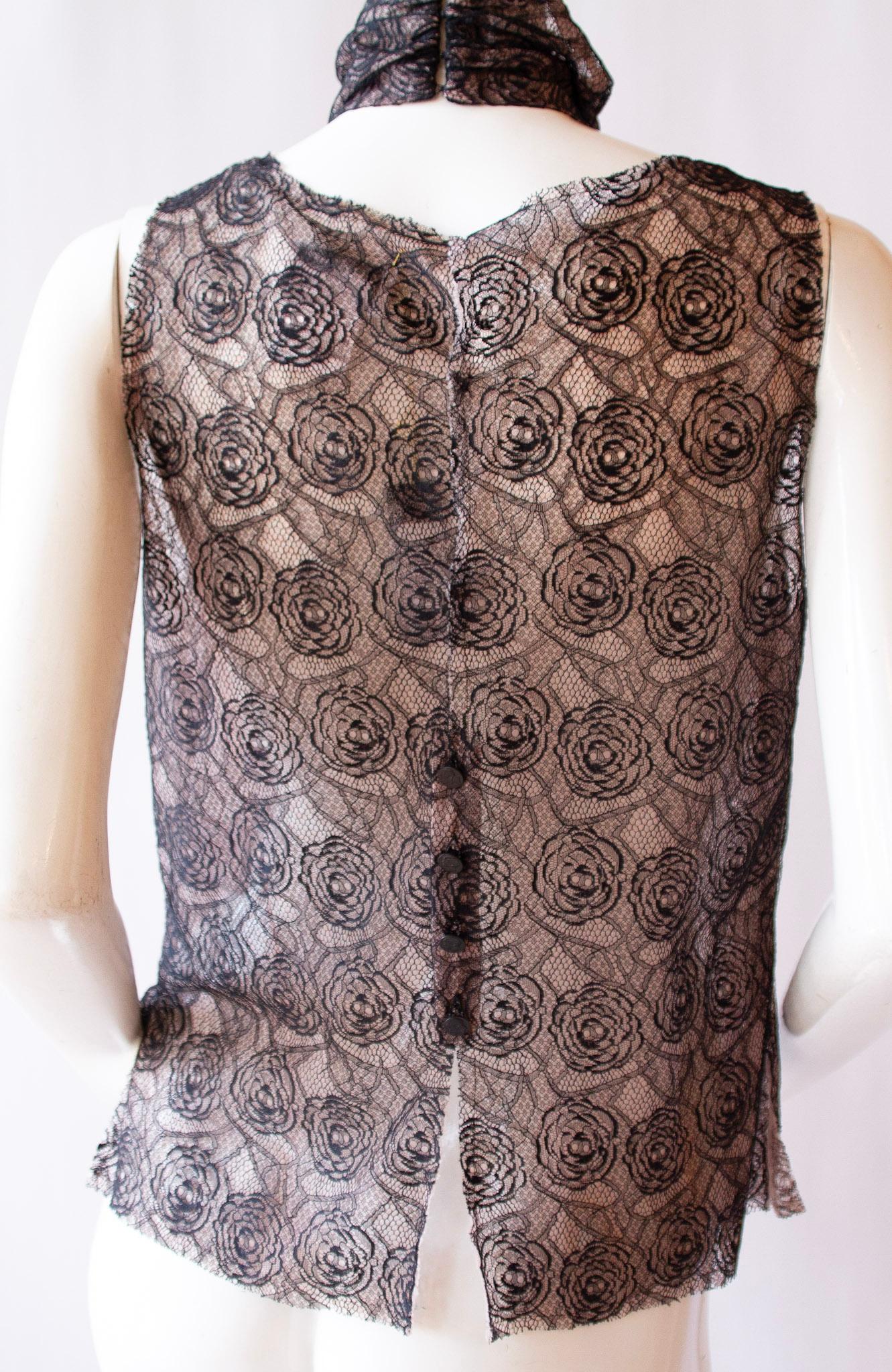 Black 2000s Chanel Camellia Chantilly Lace Top with Ruffle Cravat