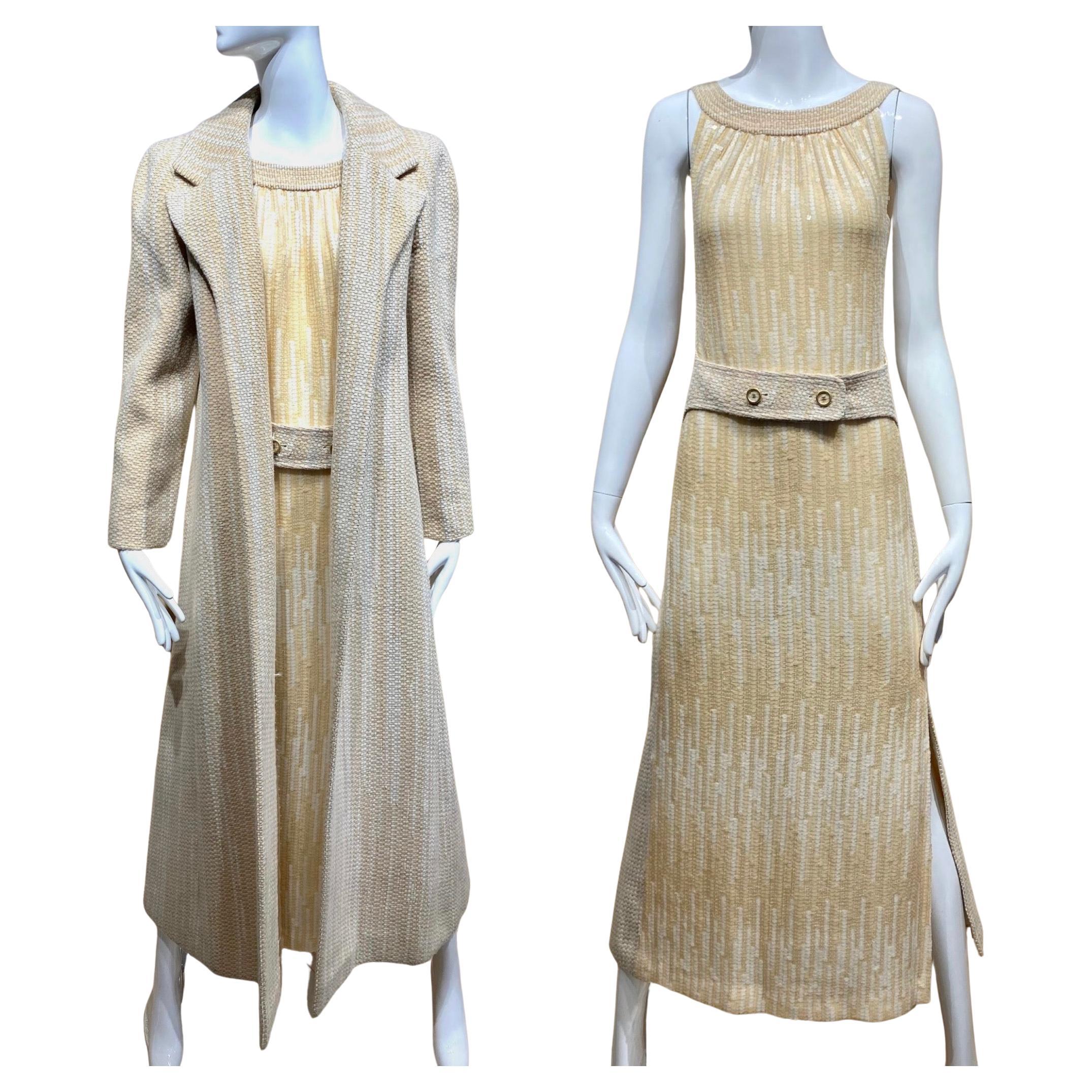 2000s Chanel Cream  Tweed Dress and Coat set For Sale