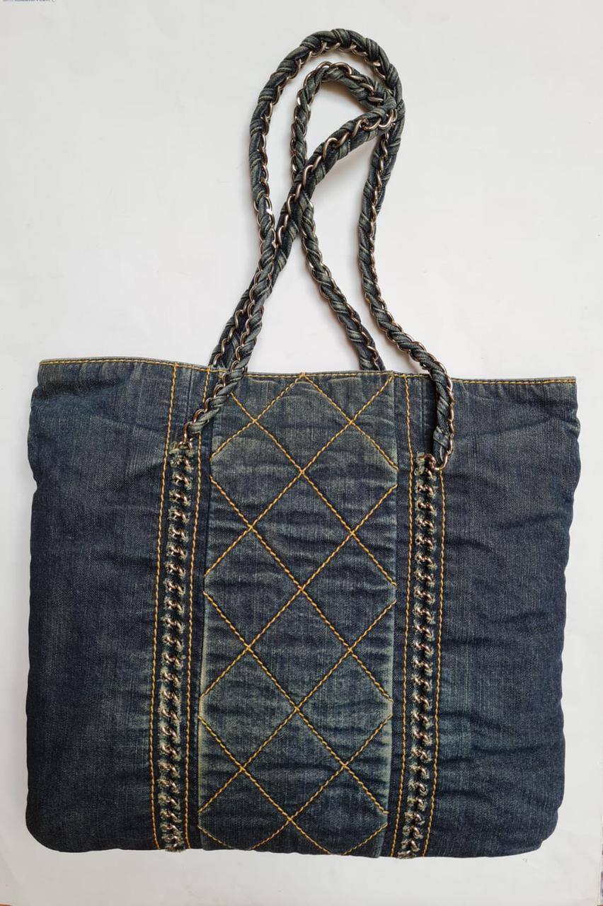 2000s Chanel Distressed Denim CC Quilted Flat Tote Bag 9