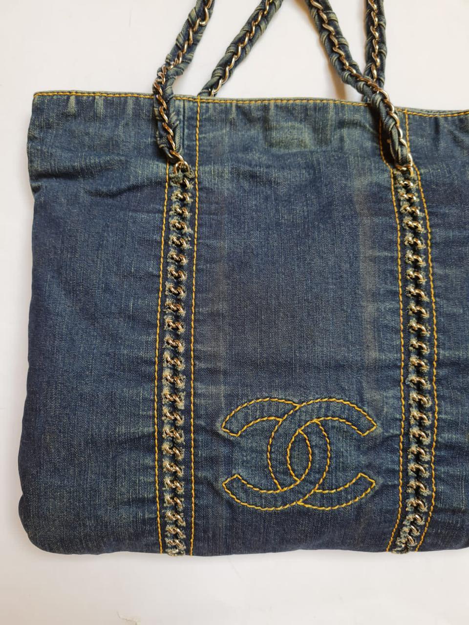 2000s Chanel Distressed Denim CC Quilted Flat Tote Bag 1