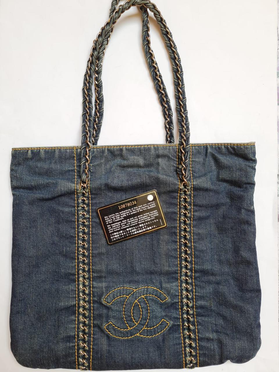 2000s Chanel Distressed Denim CC Quilted Flat Tote Bag 4