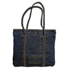 2000s Chanel Distressed Denim CC Quilted Flat Tote Bag