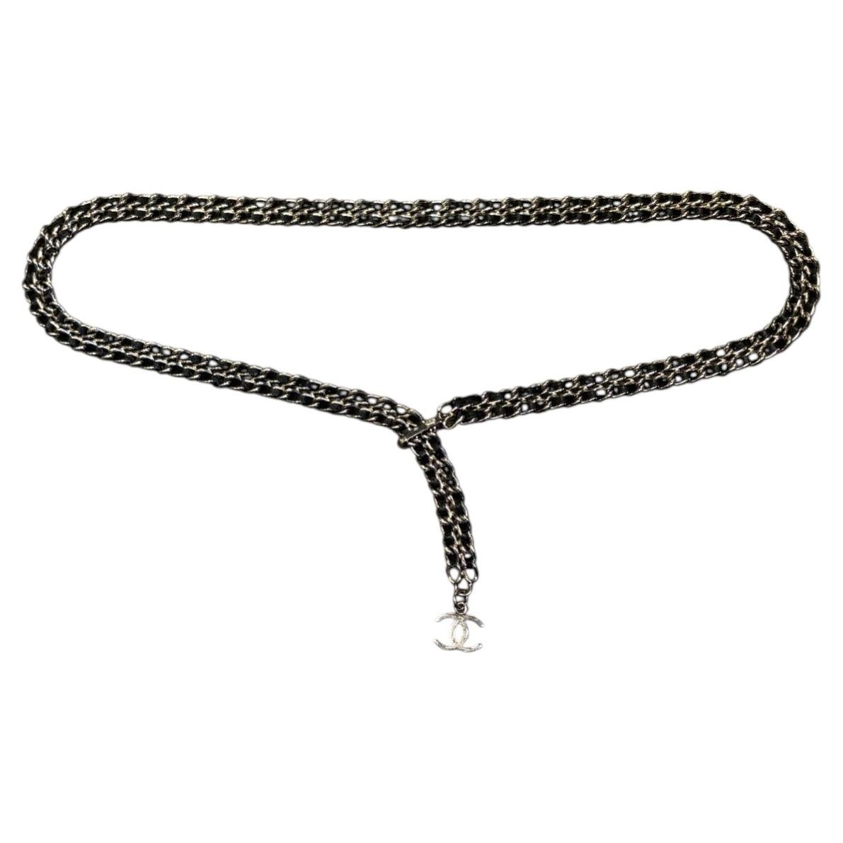 2000s Chanel leather and chain belt with CC charm For Sale