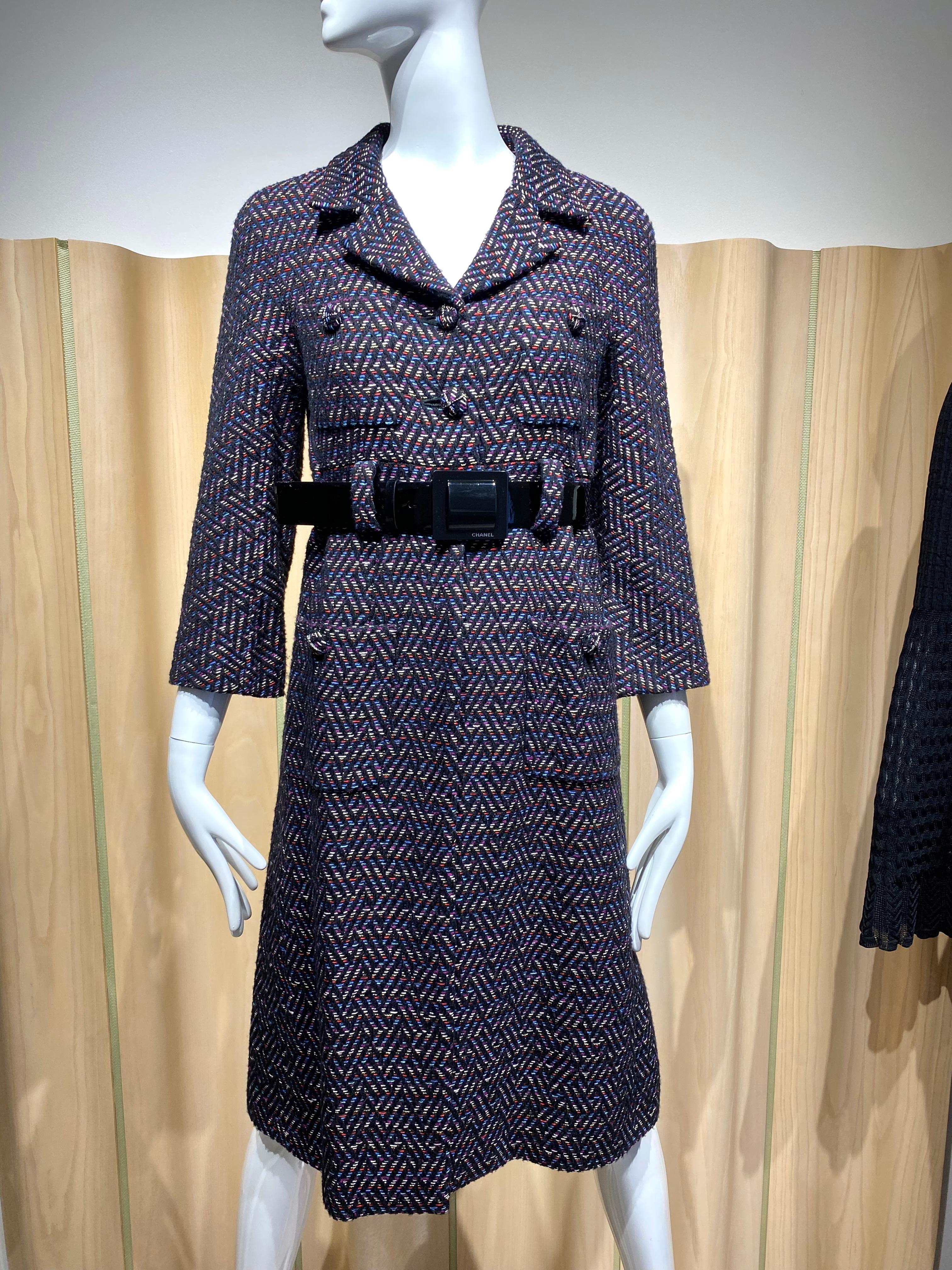 2000s CHANEL Multi Color Tweed Coat Dress with Belt For Sale 5