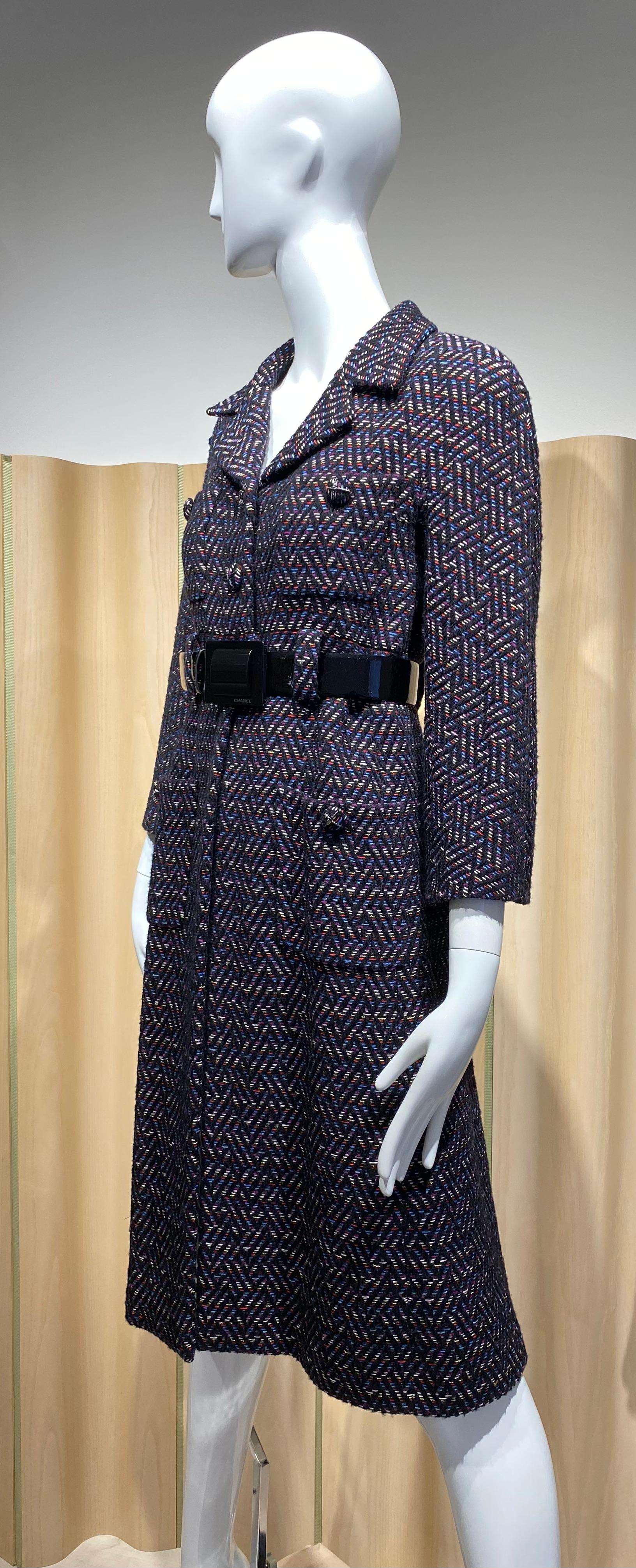 Black 2000s CHANEL Multi Color Tweed Coat Dress with Belt For Sale