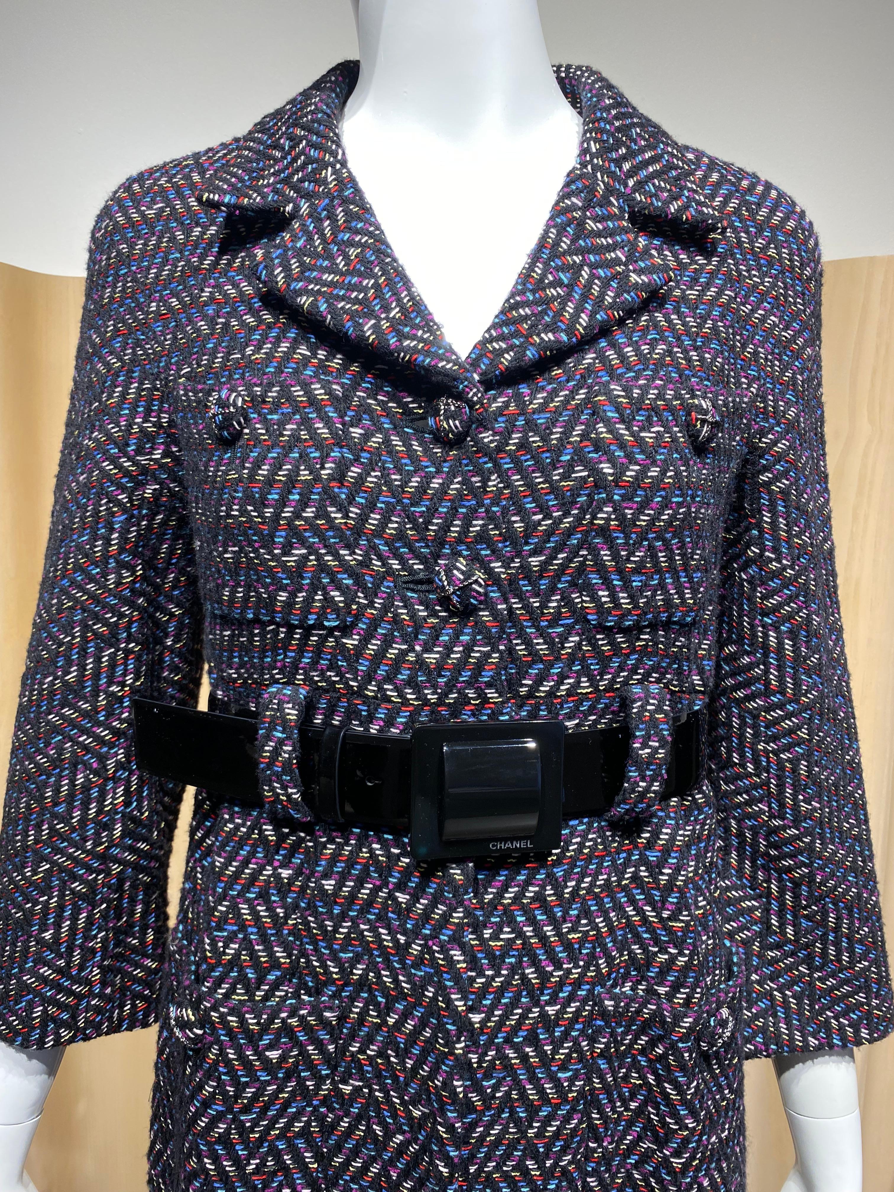 2000s CHANEL Multi Color Tweed Coat Dress with Belt For Sale 2