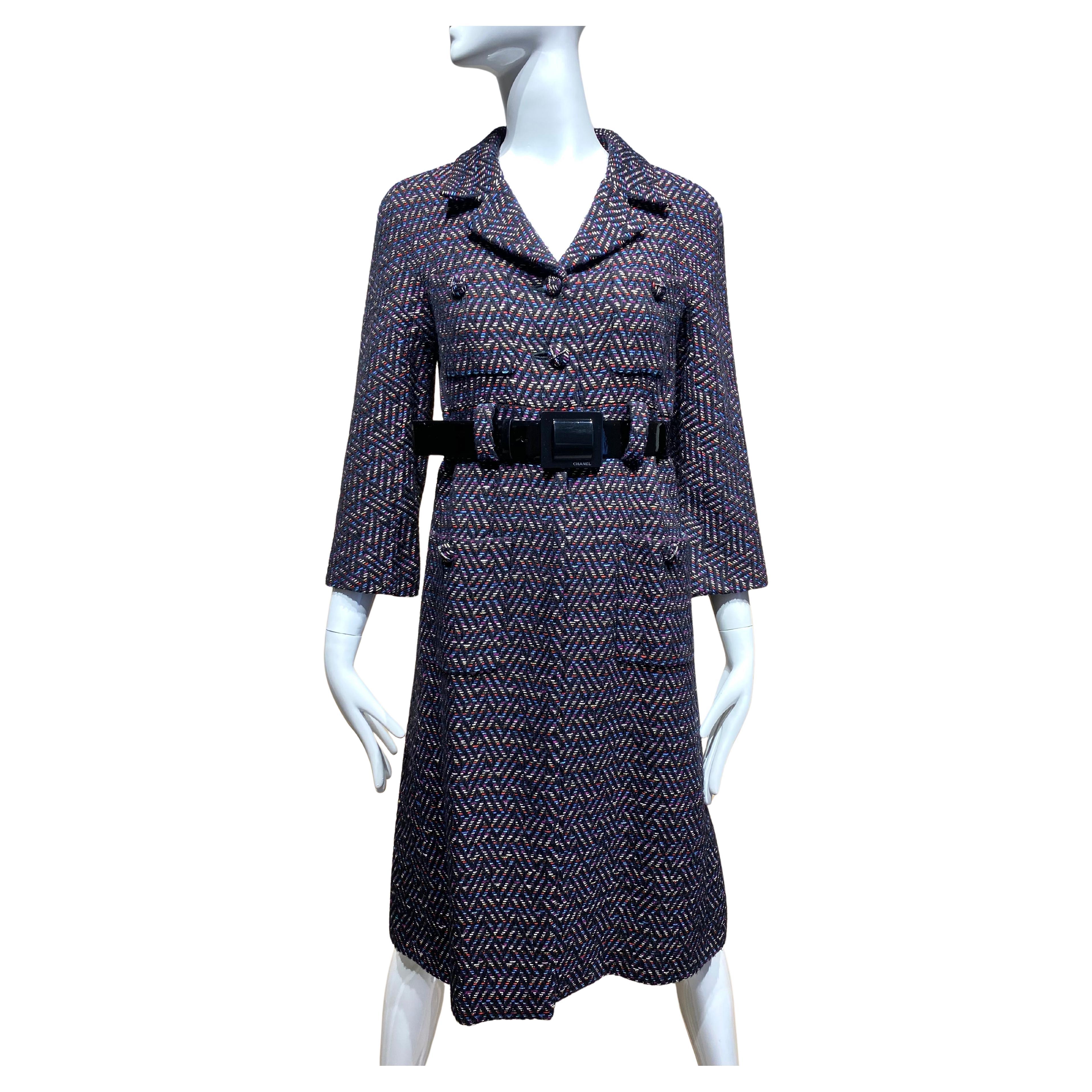 2000s CHANEL Multi Color Tweed Coat Dress with Belt For Sale