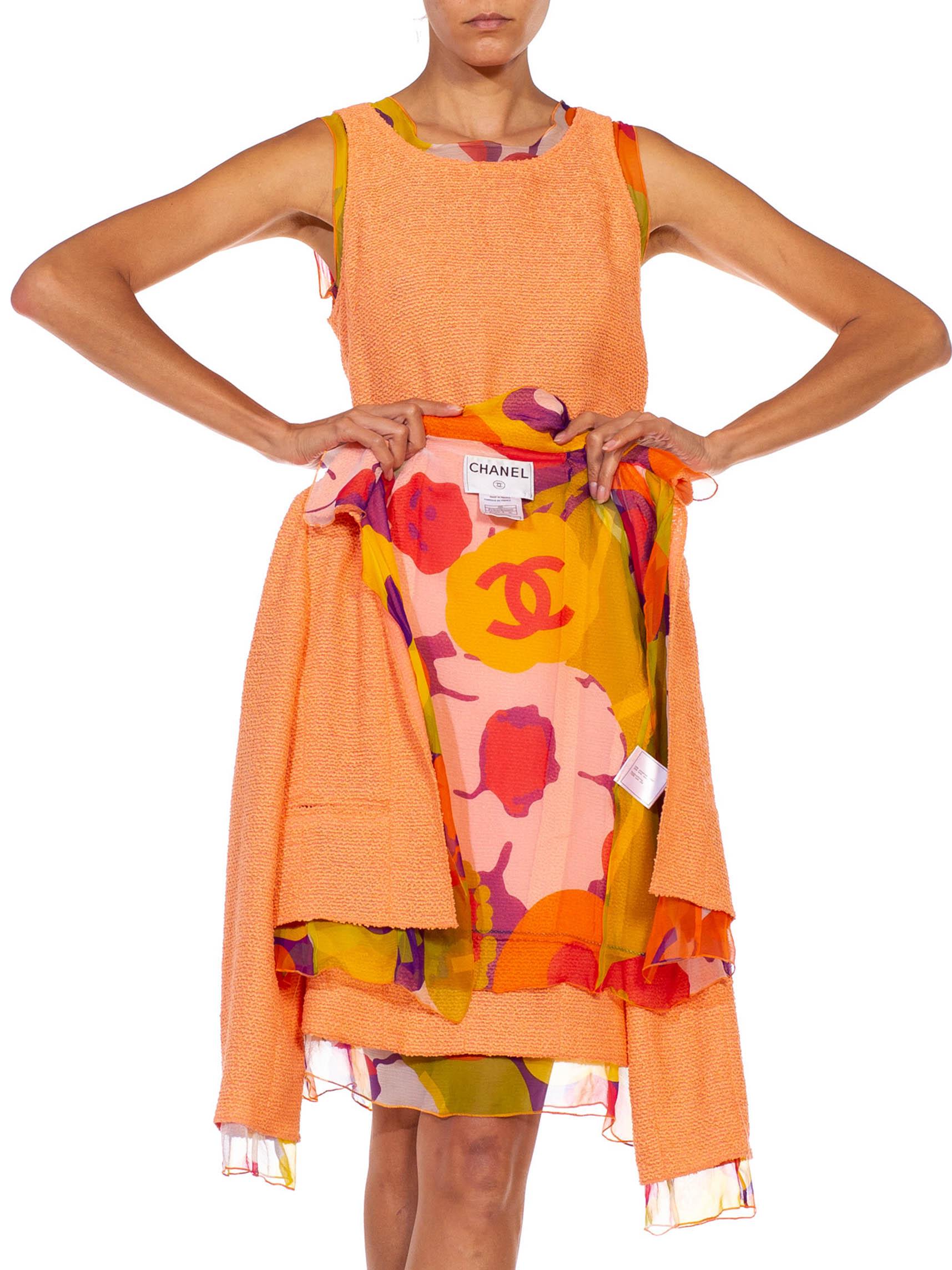 2000S CHANEL Orange Boucle & Floral Silk Chiffon 3-Piece Skirt Suit For Sale 5