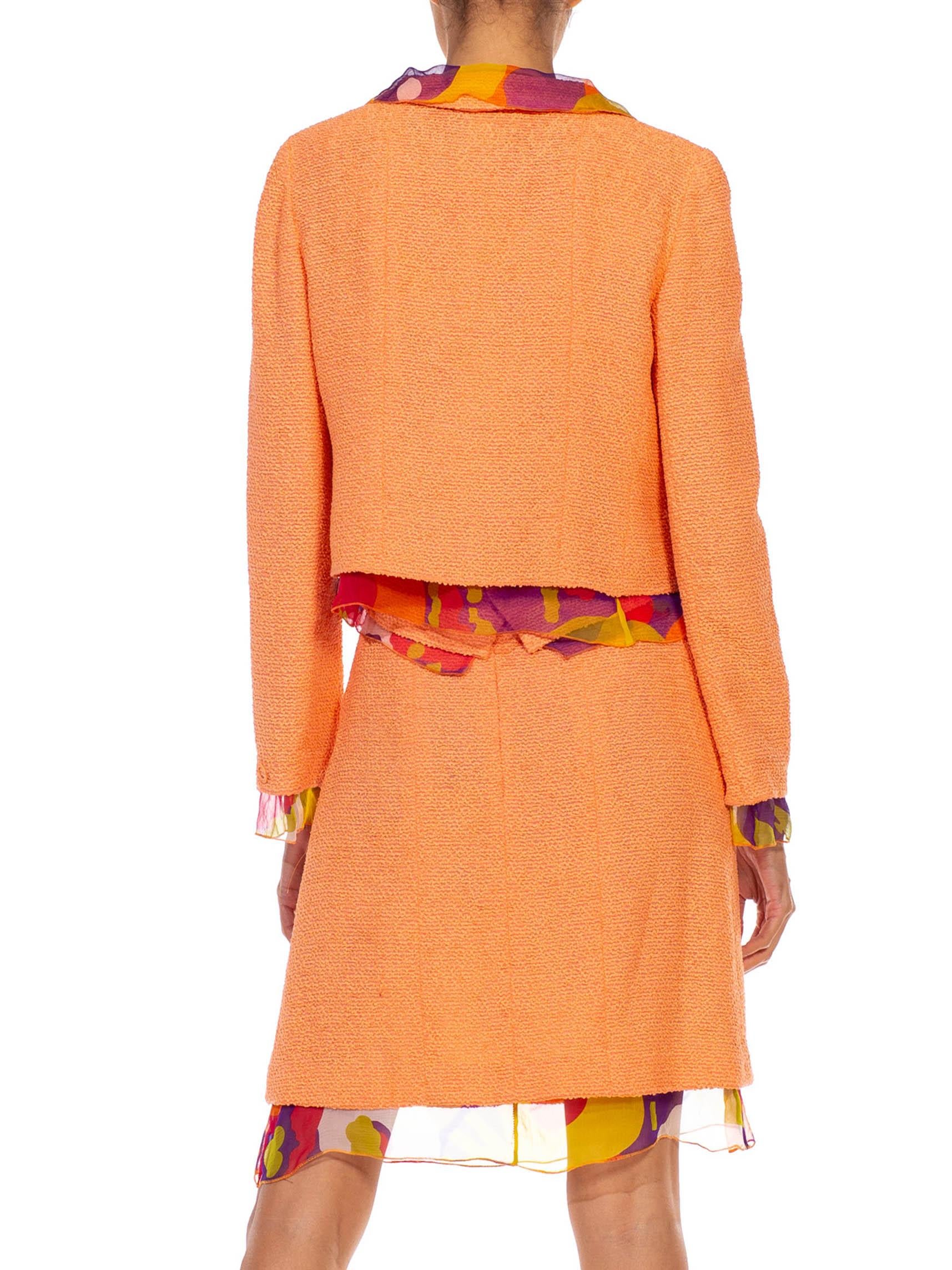 2000S CHANEL Orange Boucle & Floral Silk Chiffon 3-Piece Skirt Suit For Sale 4