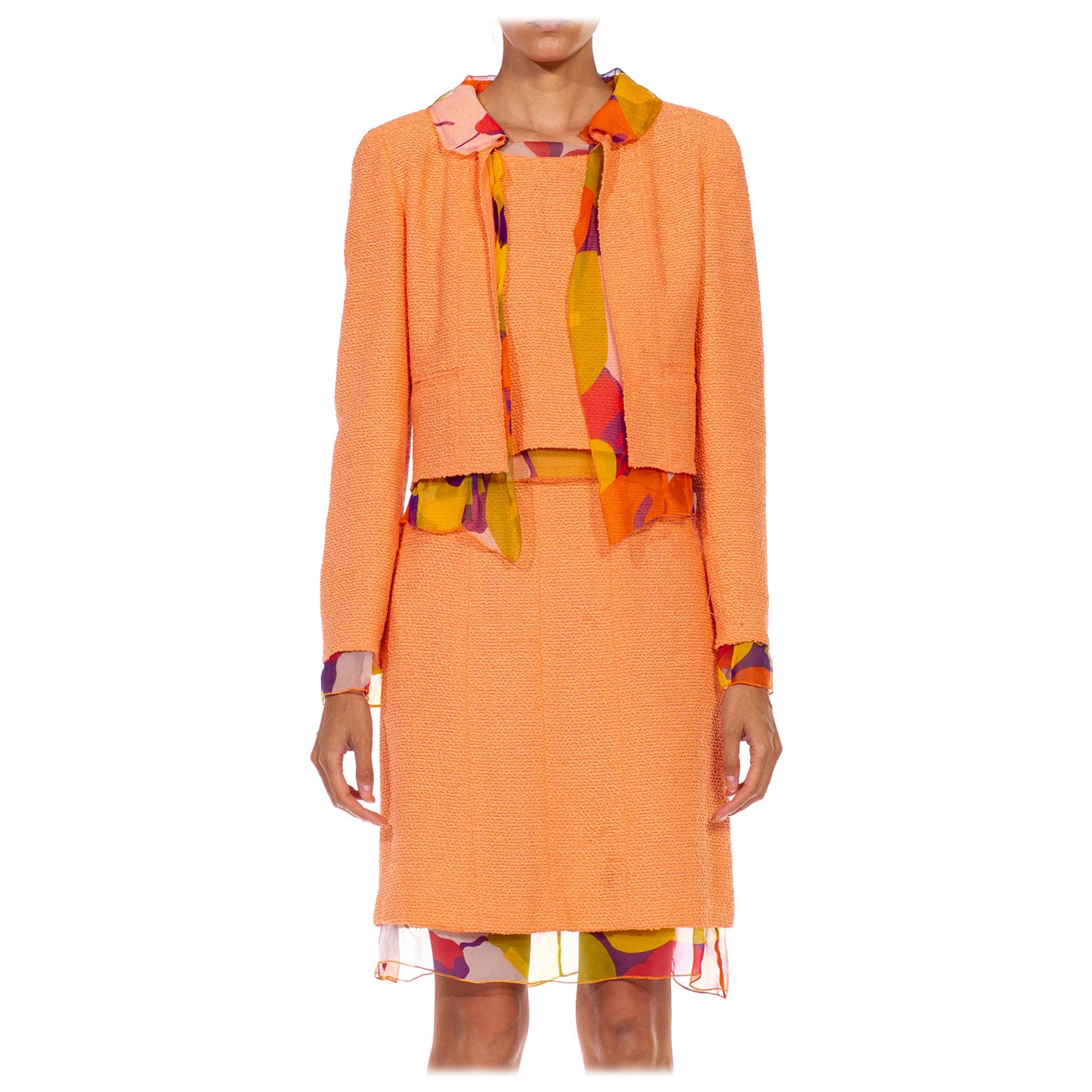 2000S CHANEL Abito con gonna a 3 pezzi in bouclé e chiffon di seta floreale arancione