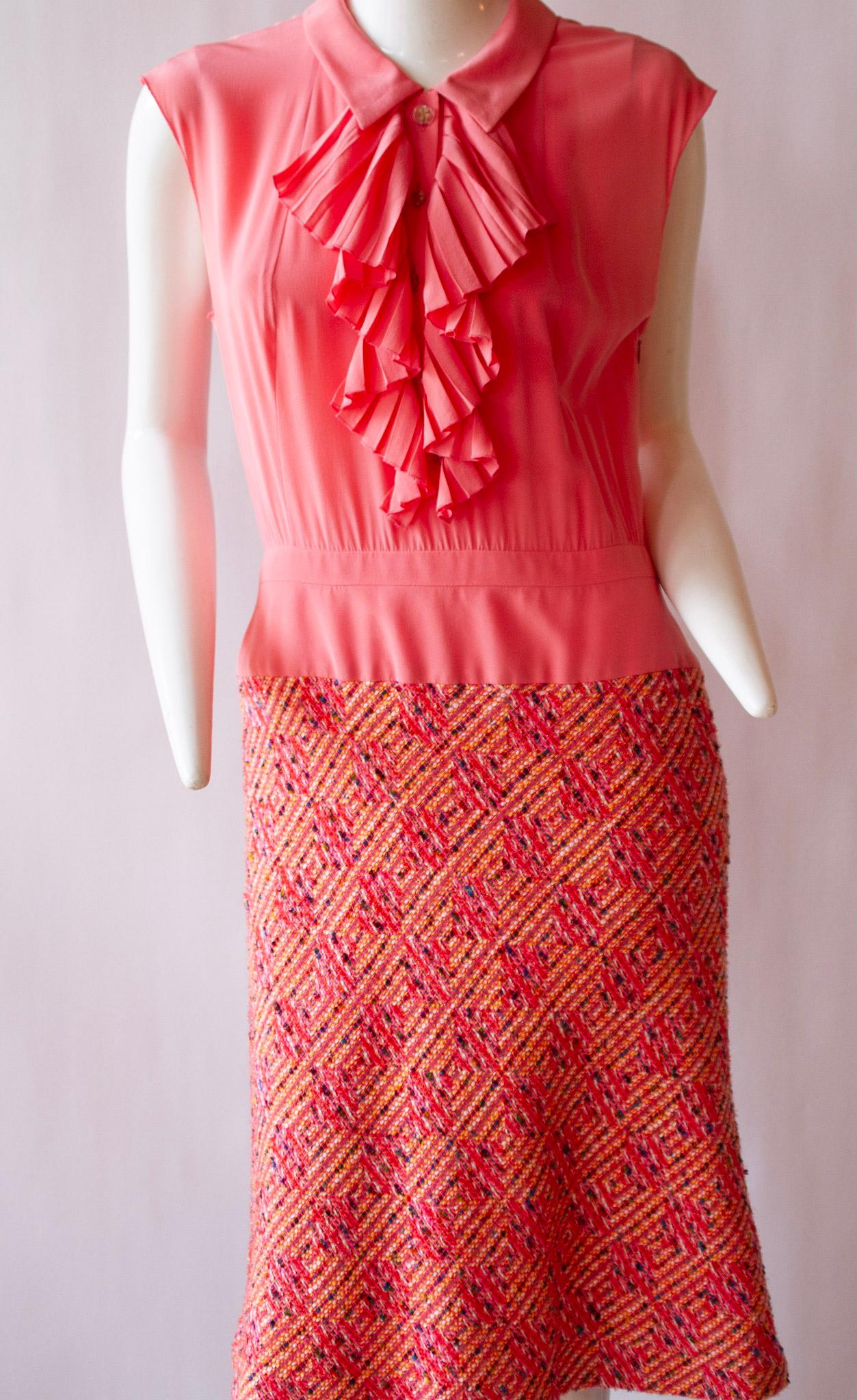 2000s Chanel Pink Silk & Tweed Dress In Excellent Condition In Kingston, NY