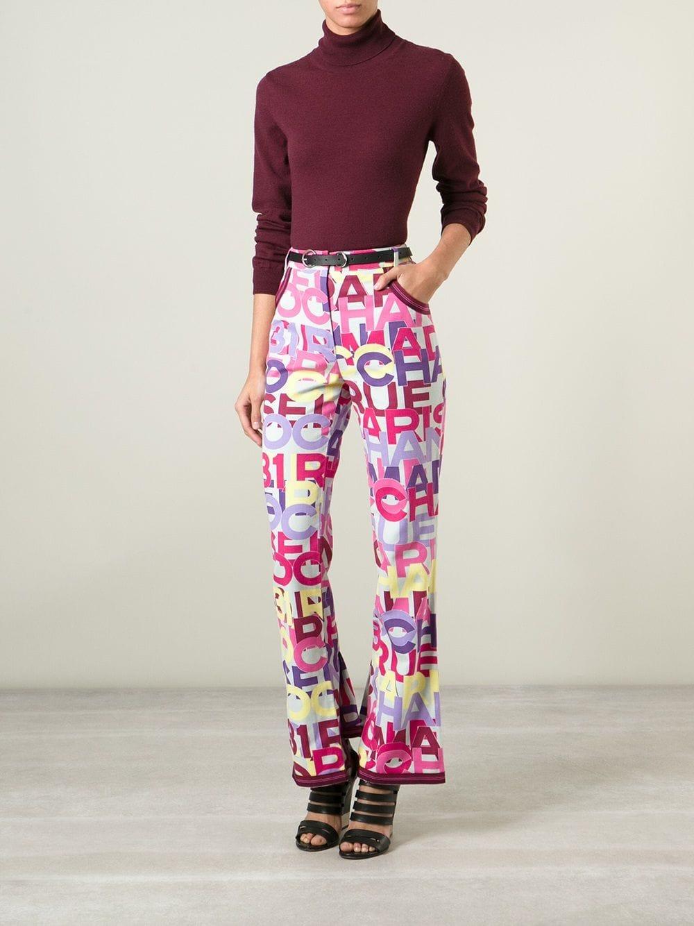 Chanel printed trousers in multi-colored stretch cotton with belt loops, button and zip, grosgrain on the hem, side pockets and flared style.

The product has a small stain on the front as shown in the pictures.

Years: 2000s 

Made in Italy

Size: