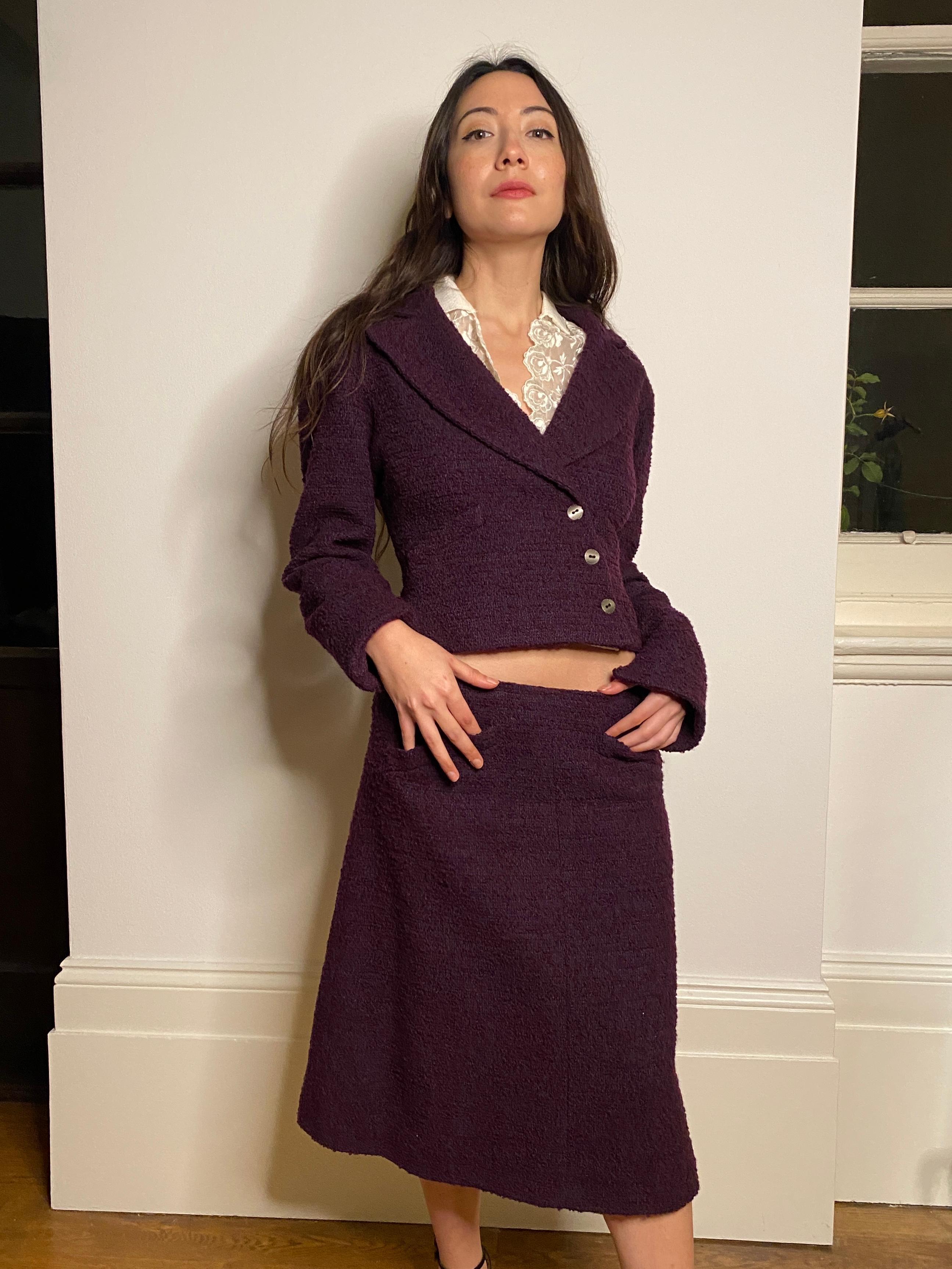 2000s Chanel Purple Boucle Wool Skirt Suit In Excellent Condition In London, GB