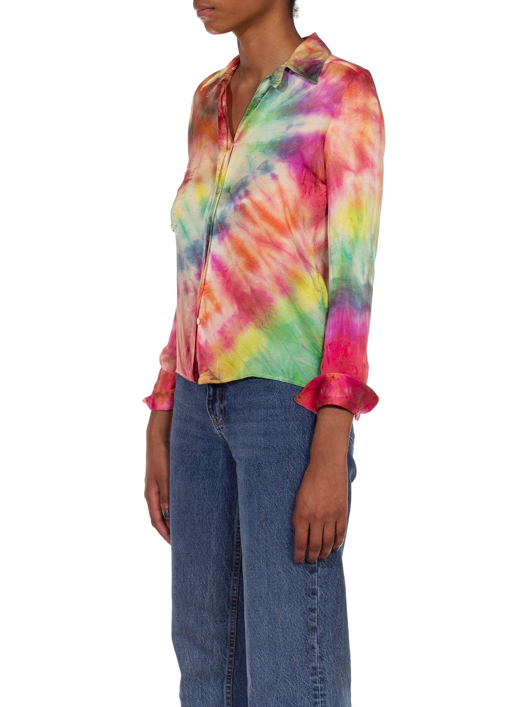 2000S CHANEL Rainbow Silk Tie Dye Button Down Blouse With C Logo Patch Pocket 4