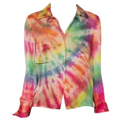 2000S CHANEL Rainbow Silk Tie Dye Button Down Blouse With C Logo Patch Pocket