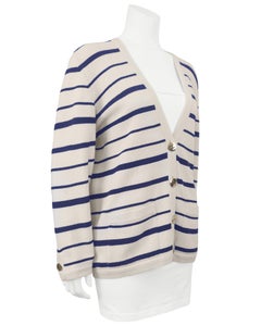 2000's Chanel Scottish Cashmere Beige and Navy Stripe Cardigan