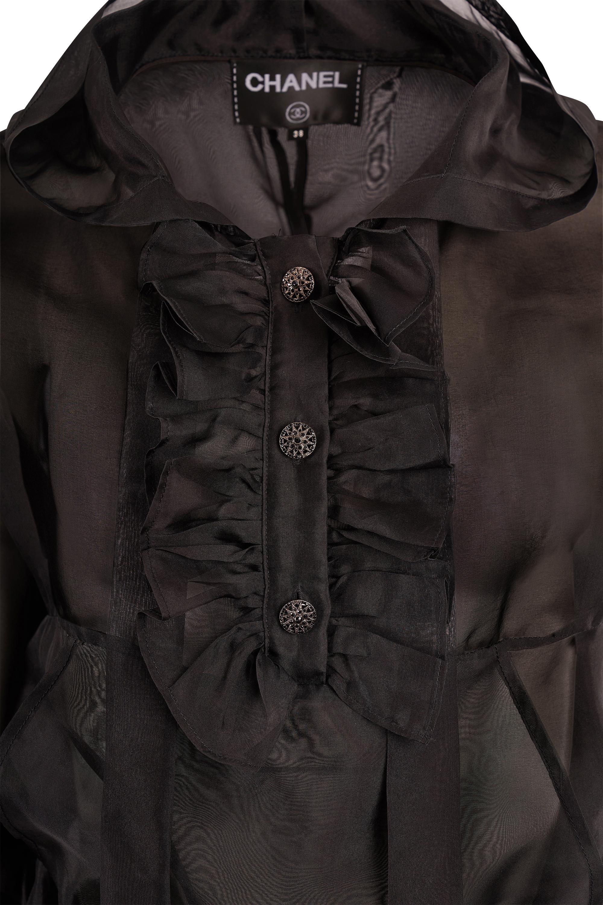 Nero Camicetta Chanel anni 2000 in chiffon di seta con maniche lunghe increspate in vendita