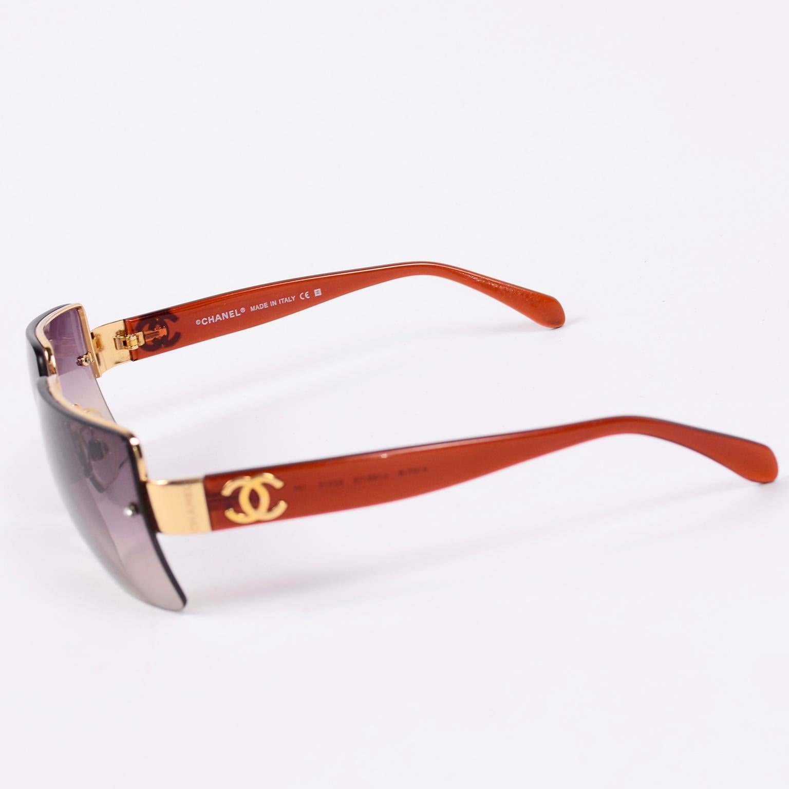 Brown 2000s Chanel Sunglasses With Purple Gradient Lenses & CC Logo on Arms