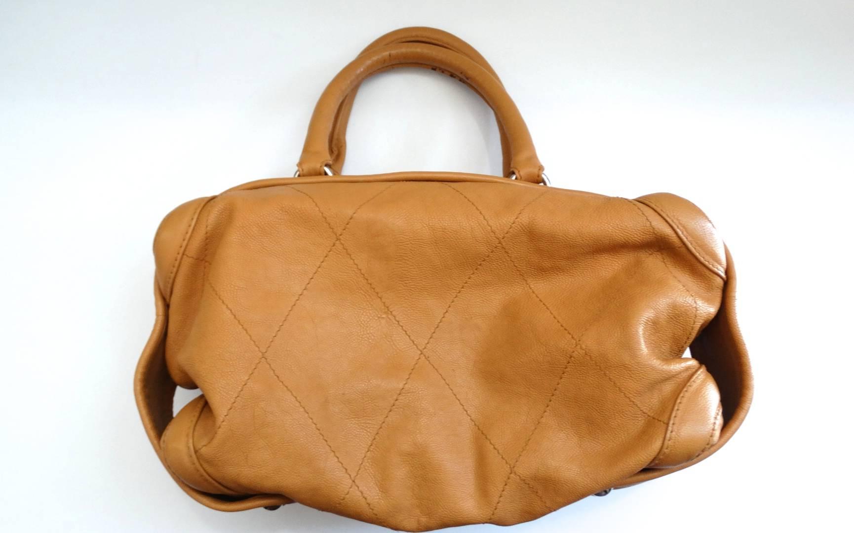 2000s Chanel Tan Quilted Leather Top Handle Bag In Excellent Condition In Scottsdale, AZ