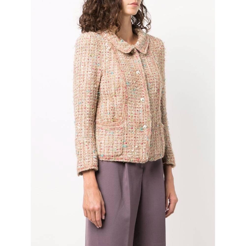2000s Chanel Vintage beige boucle wool jacket with fuchsia sequins In Excellent Condition In Lugo (RA), IT