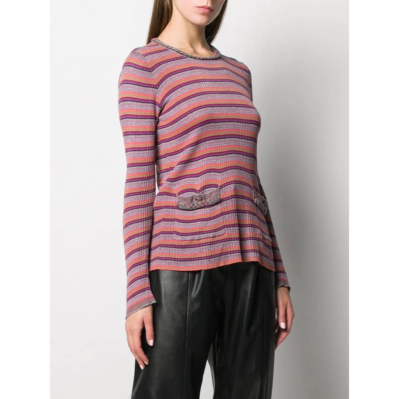 Chanel multicolor striped cotton blend lightweight sweater. Round neck, long sleeves and front patch pockets with logoed button.

Flat measurements
Height: 61 cm
Bust: 40 cm
Shoulders: 38 cm
Sleeves: 58 cm

Product code: A5787

Composition: 65%