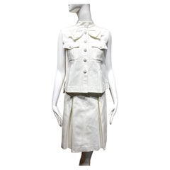2000s Chanel White Cotton Bow Top and skirt Set